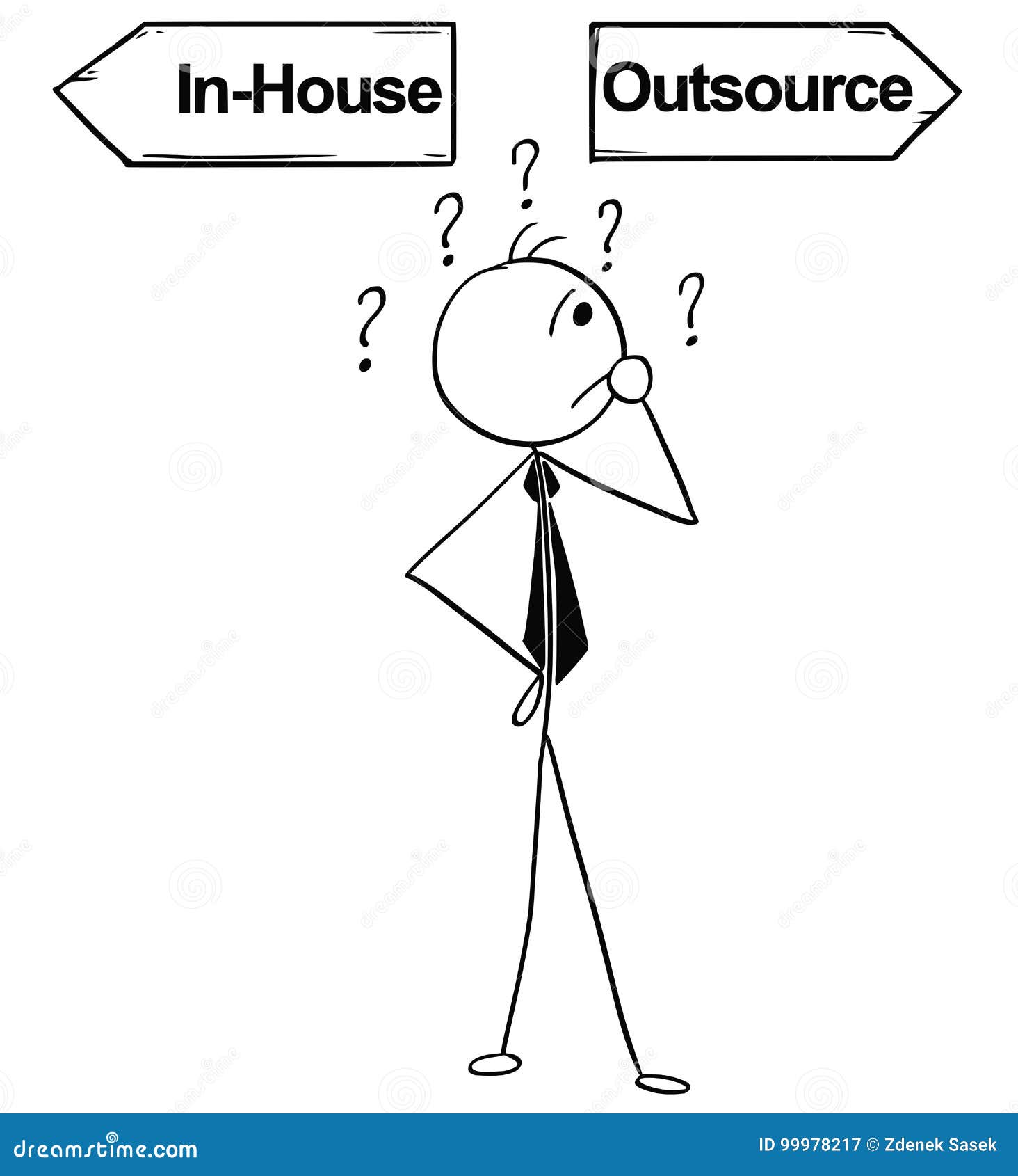 cartoon  of business man doing in-house or outsource