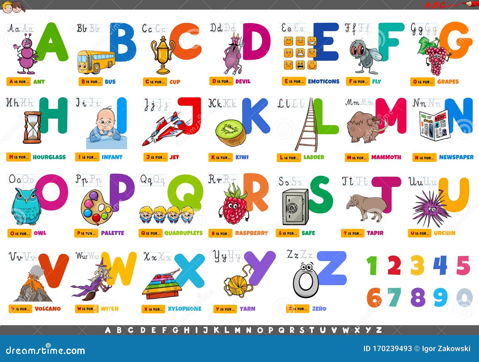 Alphabet with Cartoon Characters and Objects Set Stock Vector ...