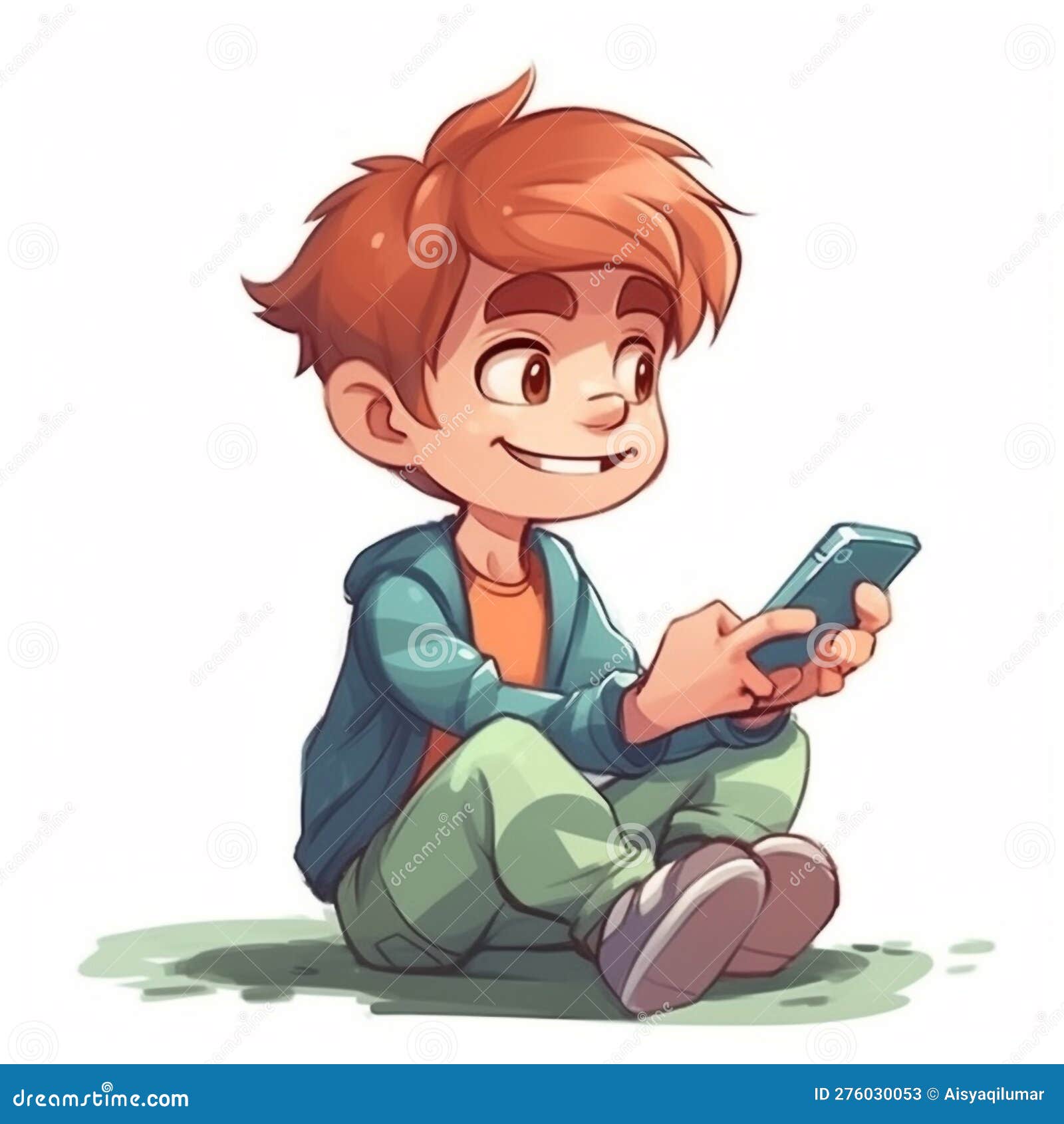 A Cartoon Illustration of a Child Sitting and Playing Mobile Games ...