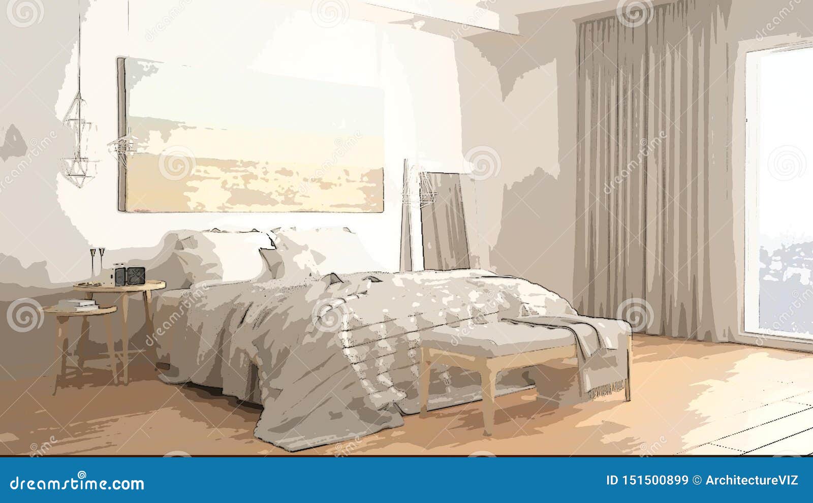 Cartoon Illustration Of Cozy Modern Bedroom Interior Design