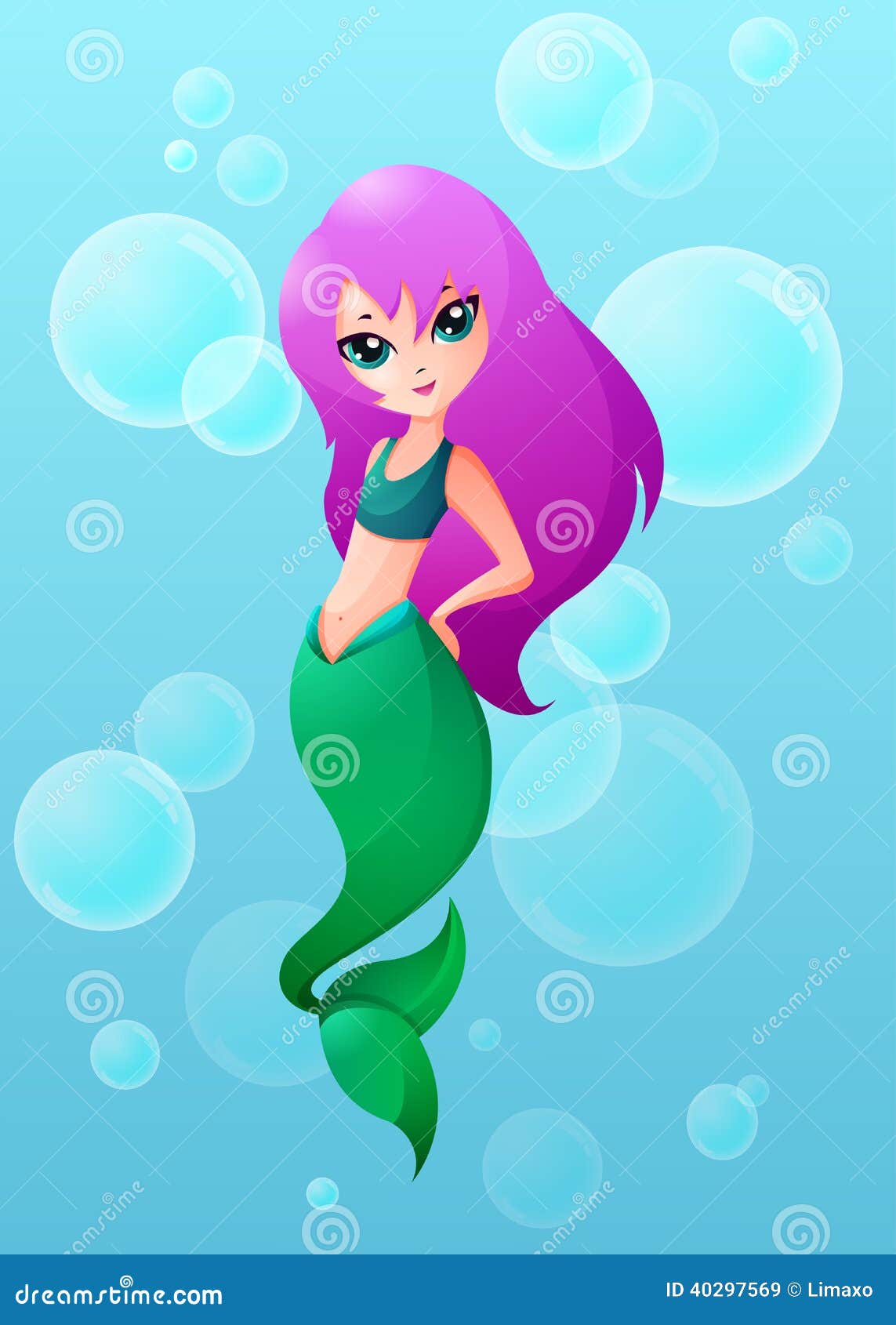 Cartoon illustration of cute little mermaid in sea with shiny bubbles