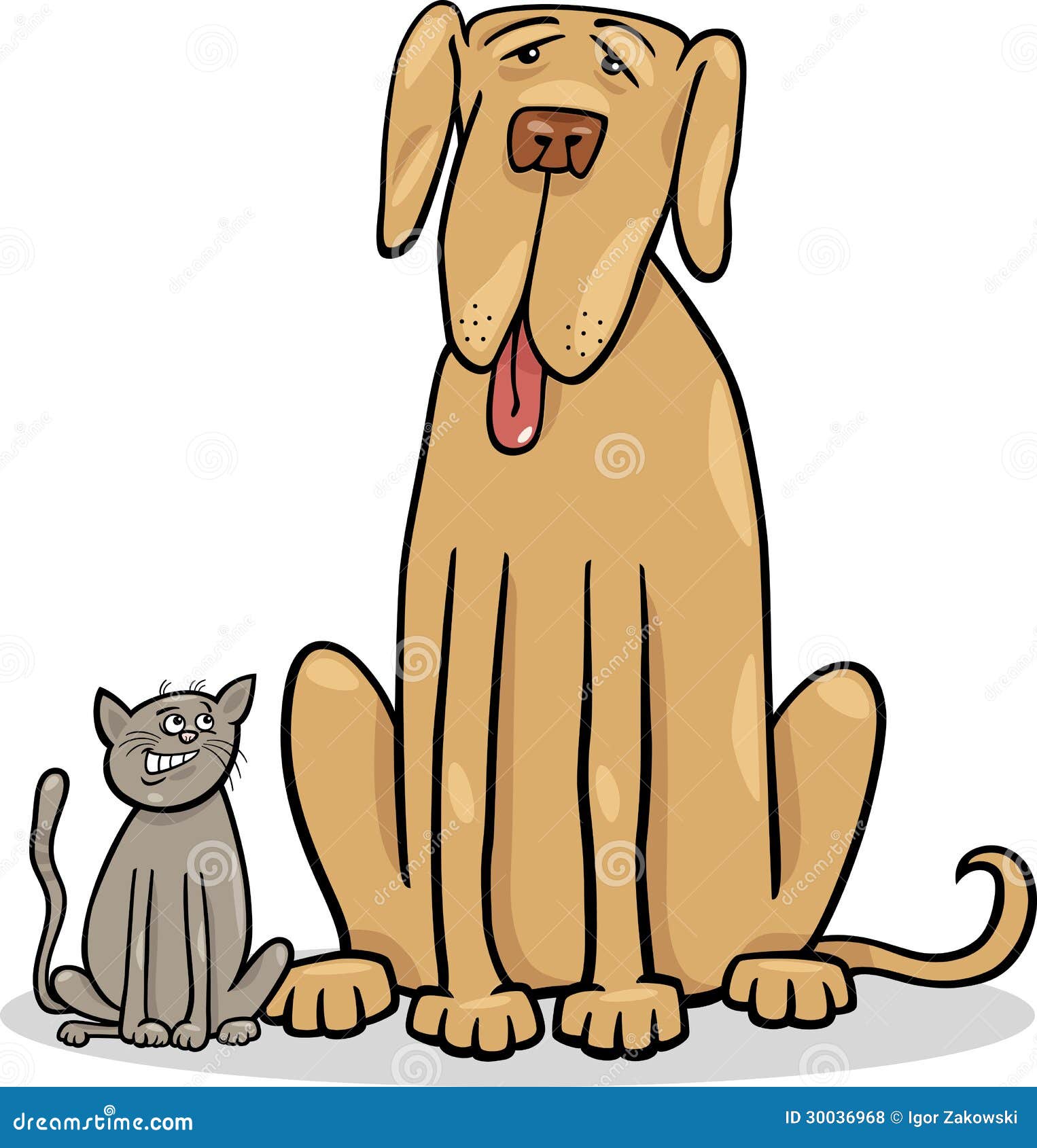 Cartoon Illustration of Cute Small Cat and Funny Big Dog or Great Dane 