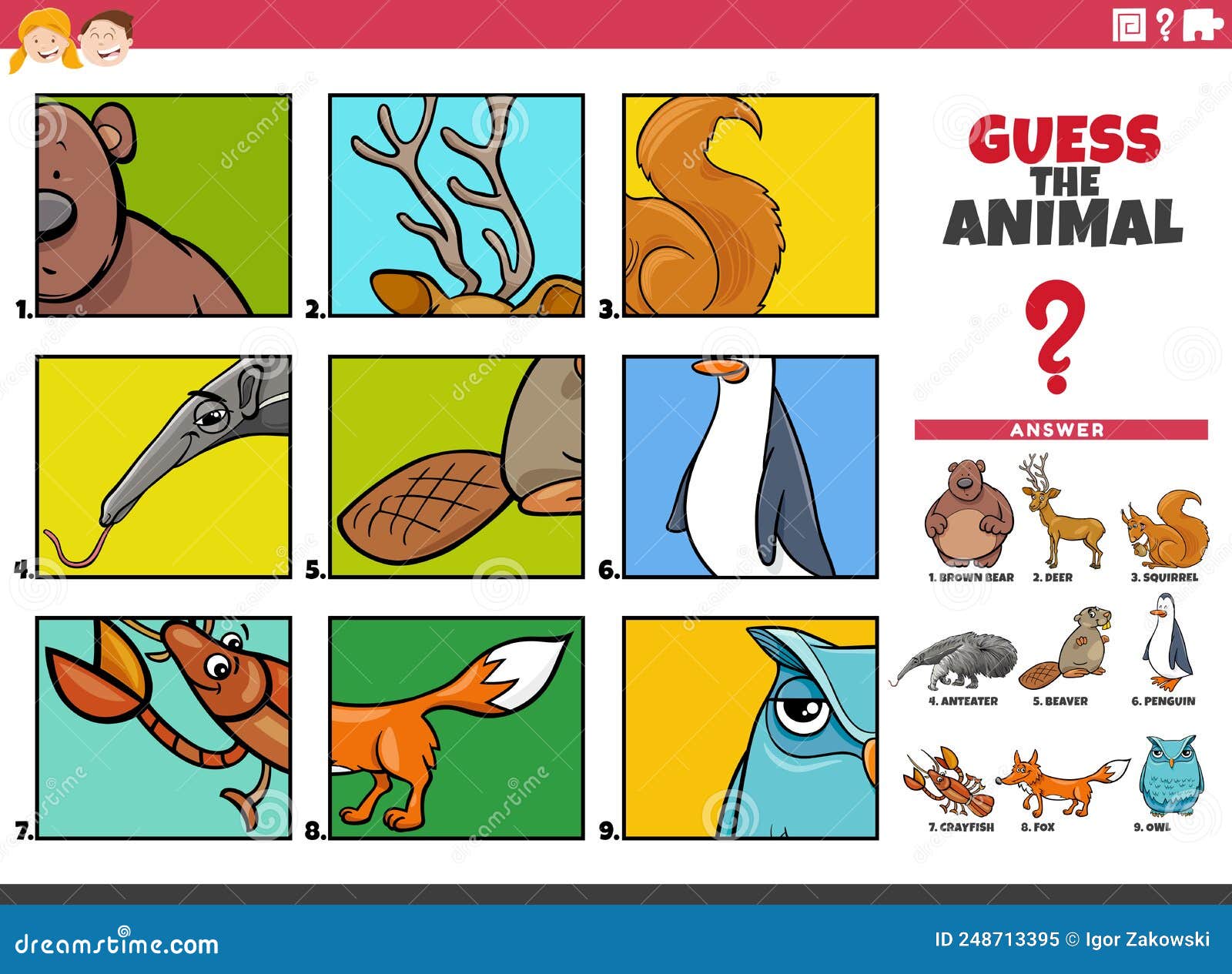 Guess Cartoon Animal Characters Educational Task for Children Stock Vector  - Illustration of element, riddle: 248713395