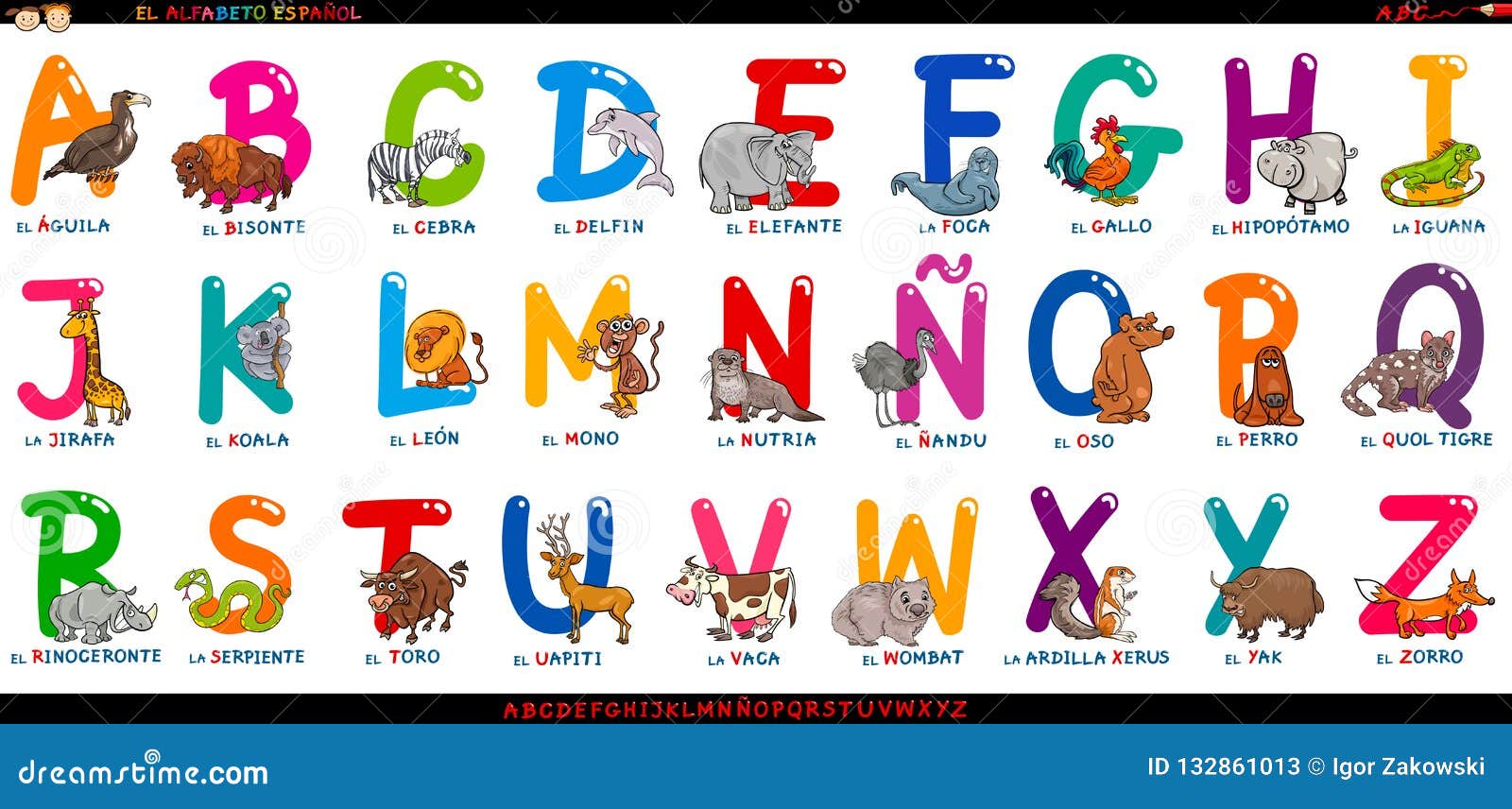 spanish alphabet with cartoon animals set