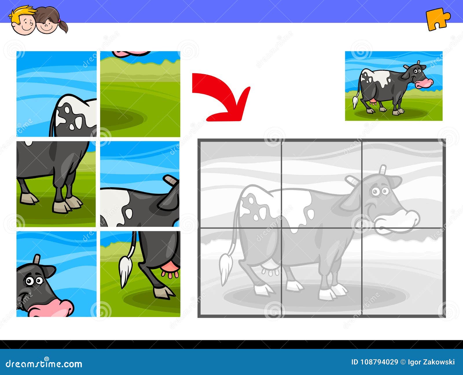 Jigsaw Puzzles with Cow Farm Animal Character Stock Vector