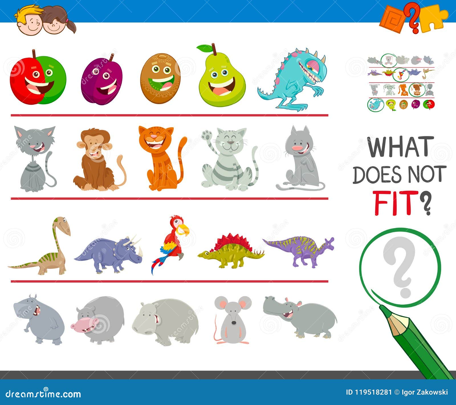 Find Animal that Not Fit in the Row Stock Vector - Illustration of  character, monster: 119518281