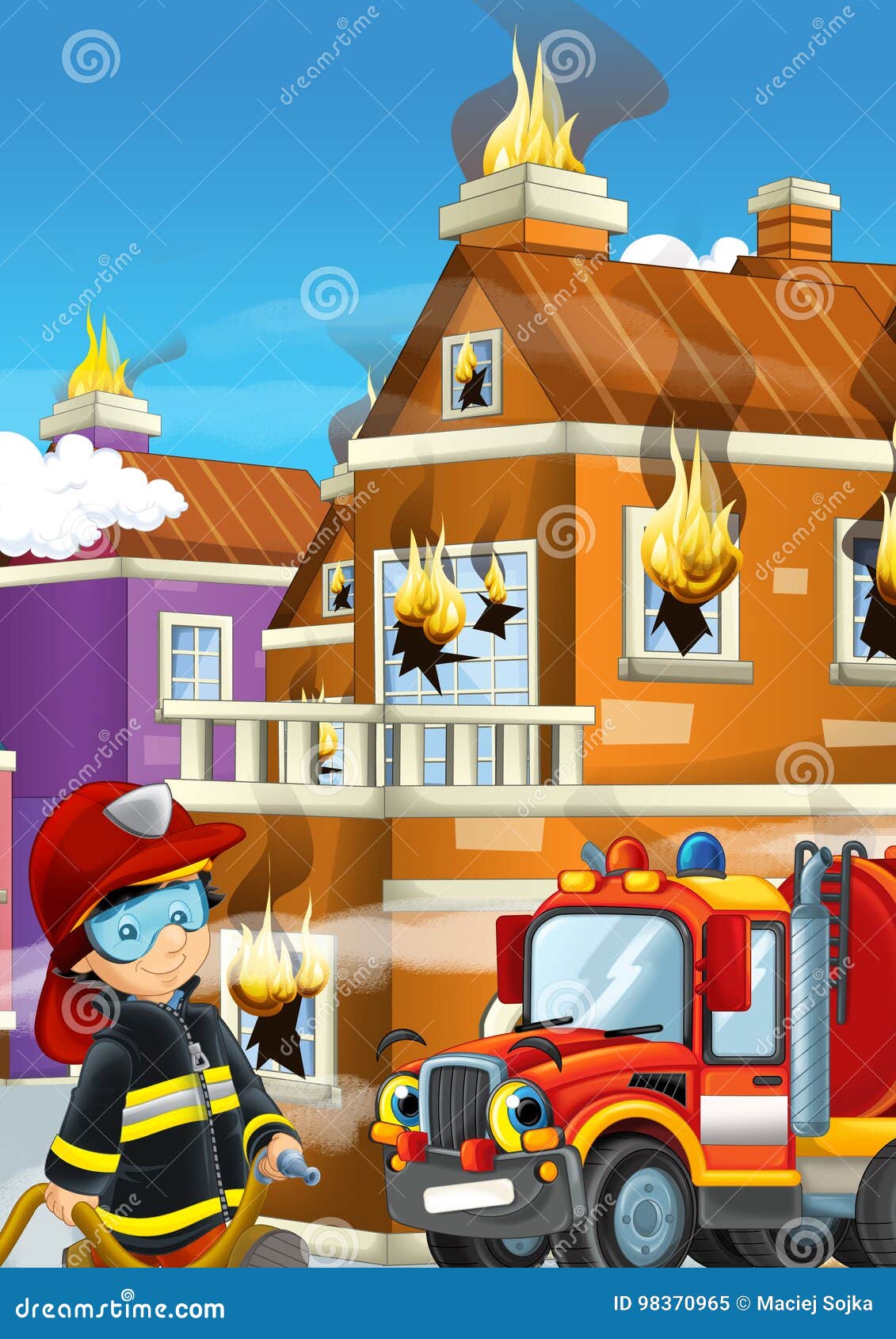 Cartoon Illustration with Fire Fighter and Truck at Work Putting Out the Fire Stock Illustration - Illustration of funny, cartoon: 98370965 Cartoon Illustration with Fire Fighter and Truck at Work Putting Out the Fire Stock Illustration - Illustration of funny, cartoon: 98370965