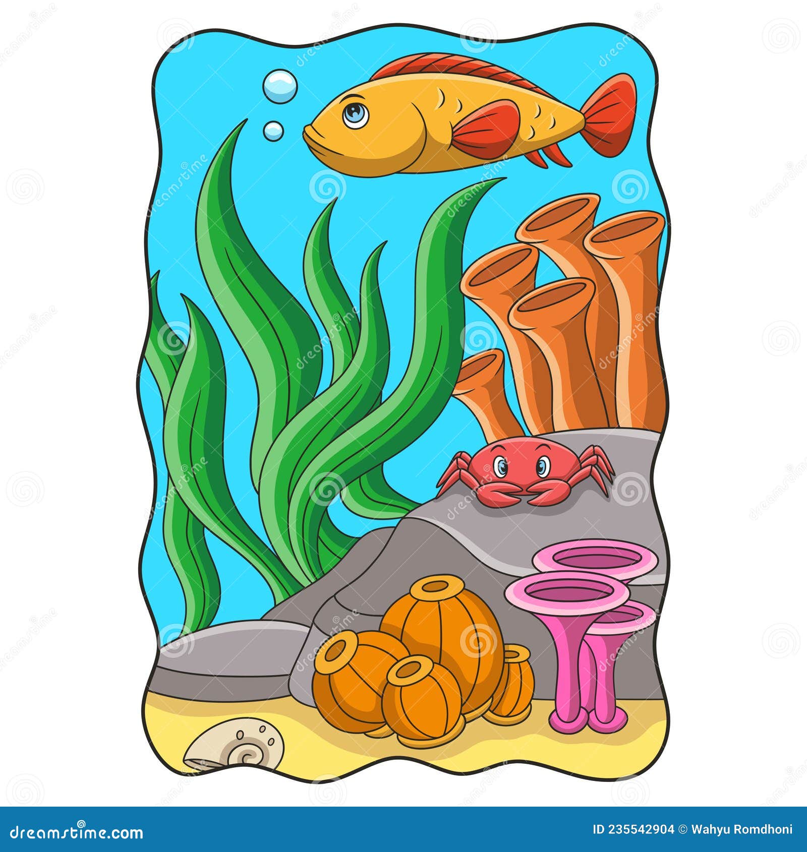 cartoon  fish and crabs swimming in the sea around