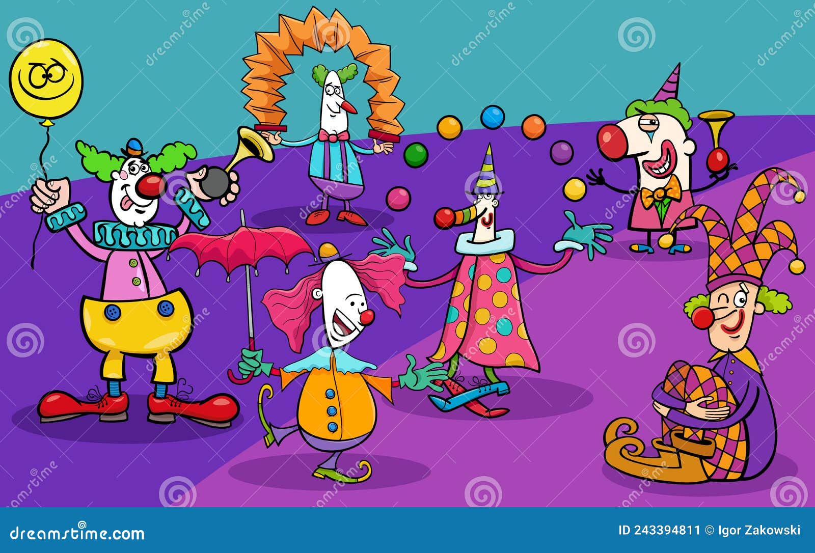 Circus Clowns Set. Vector Illustration Of Jokers In Carnival Costumes ...