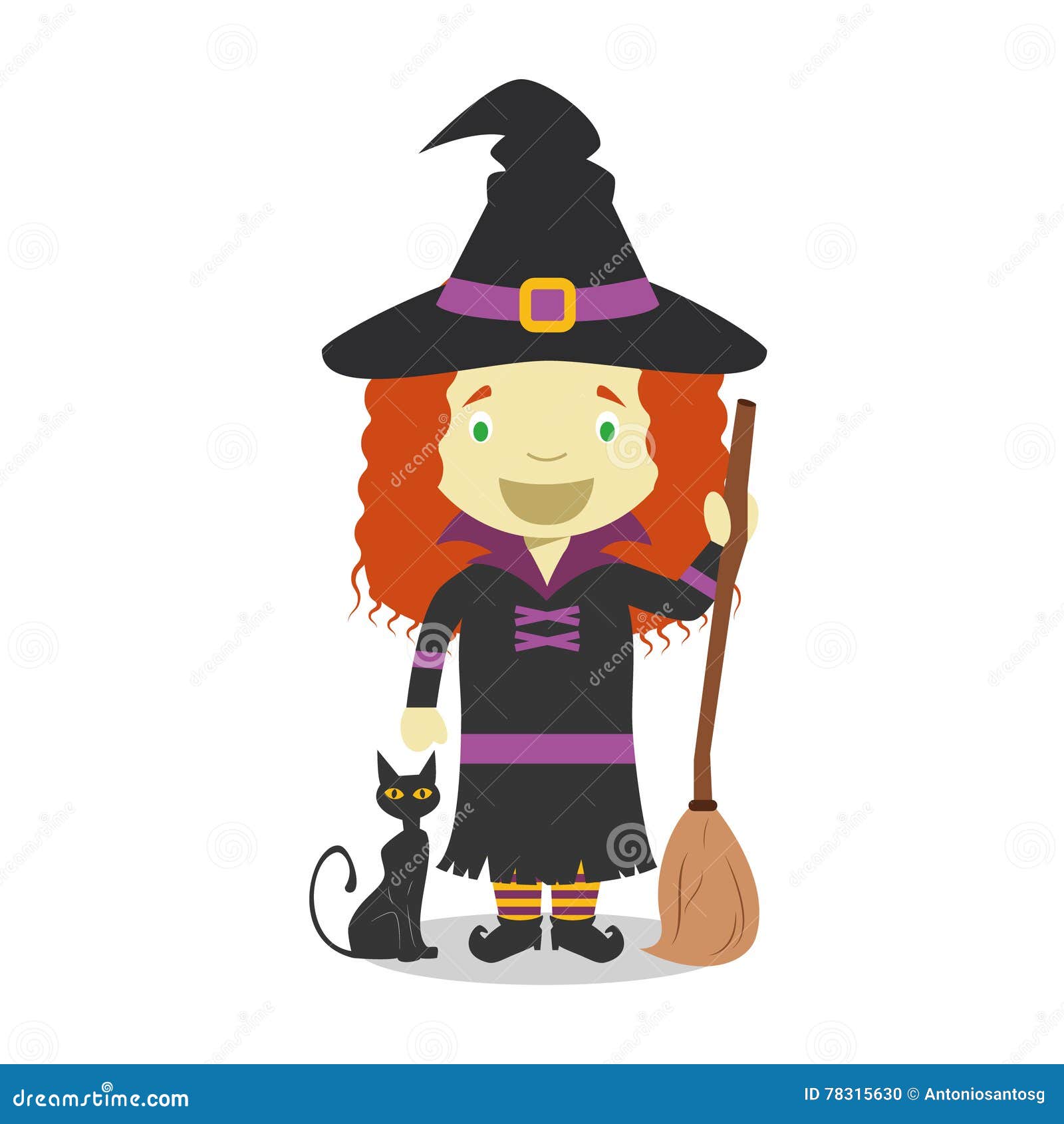 Cartoon Illustration of a Funny Witch with Hat and Black Cat Stock ...