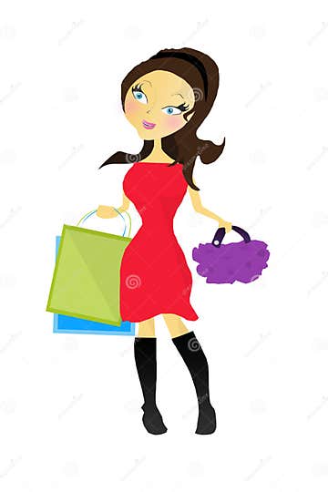 Cartoon Illustration of a Girl with Shopping Stock Illustration ...