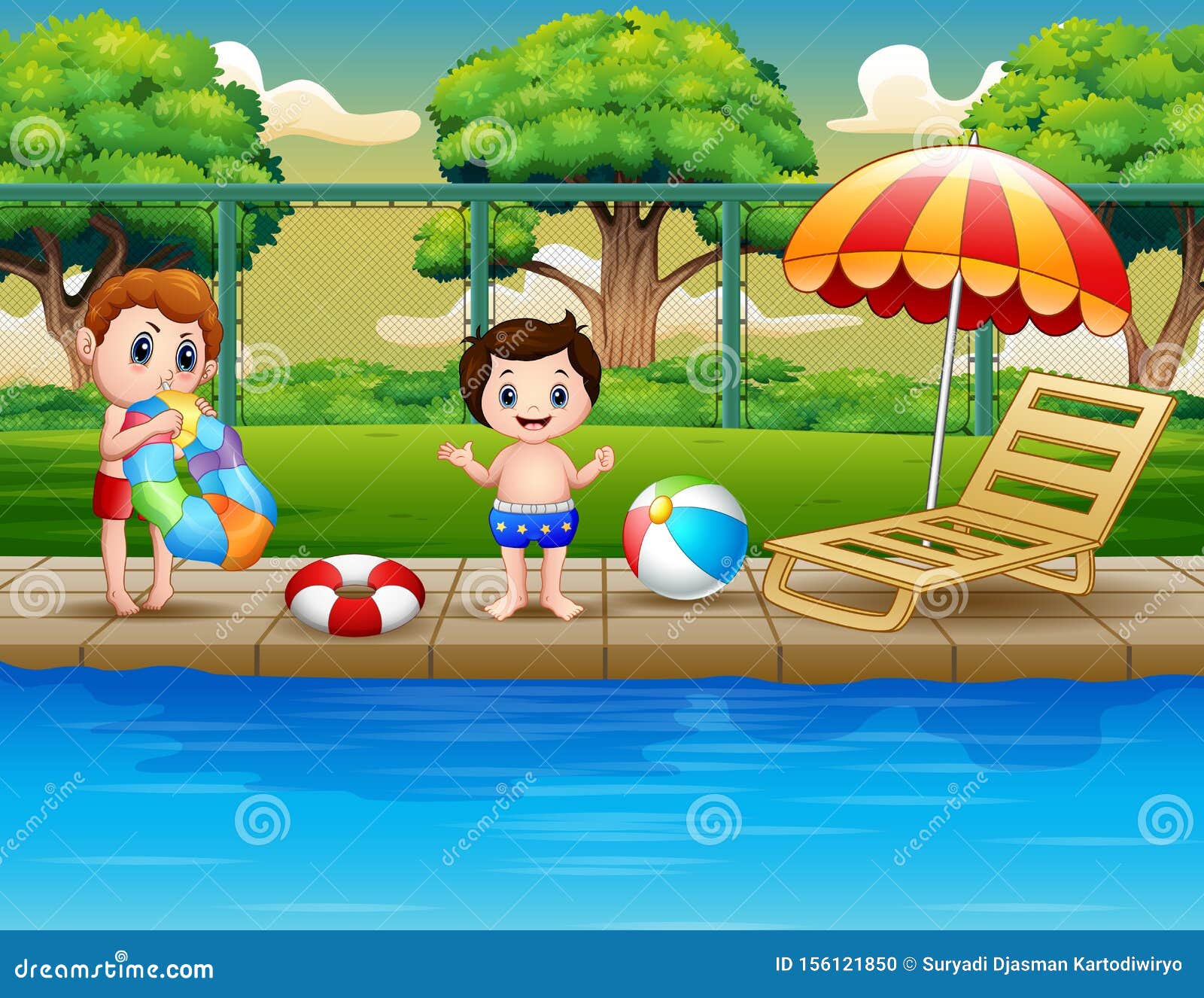 Happy Boys Enjoying Playing in Outdoor Pool Stock Vector - Illustration ...