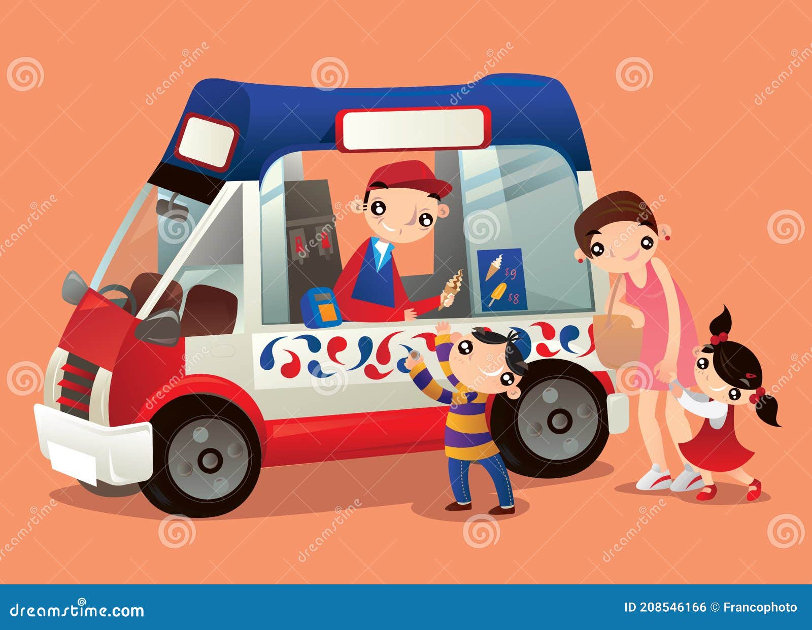 cartoon  of an ice-cream truck vendor in hong kong