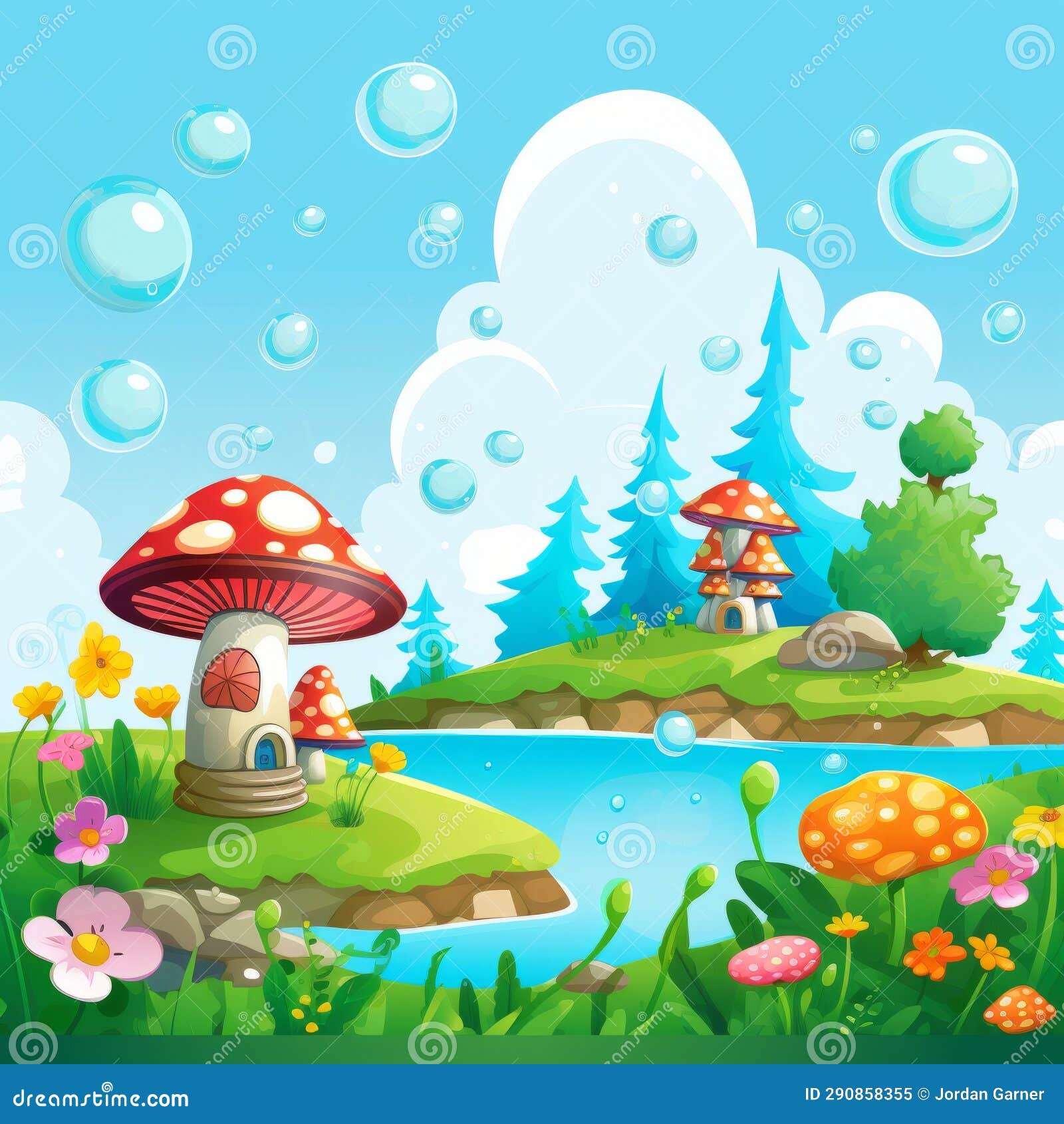 Cartoon Illustration of a Mushroom House and a Pond with Bubbles Stock