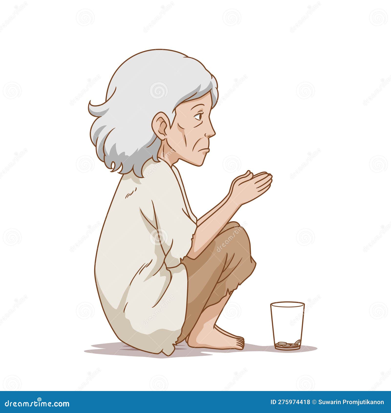 Drawing man old beggar is begging with hat Vector Image