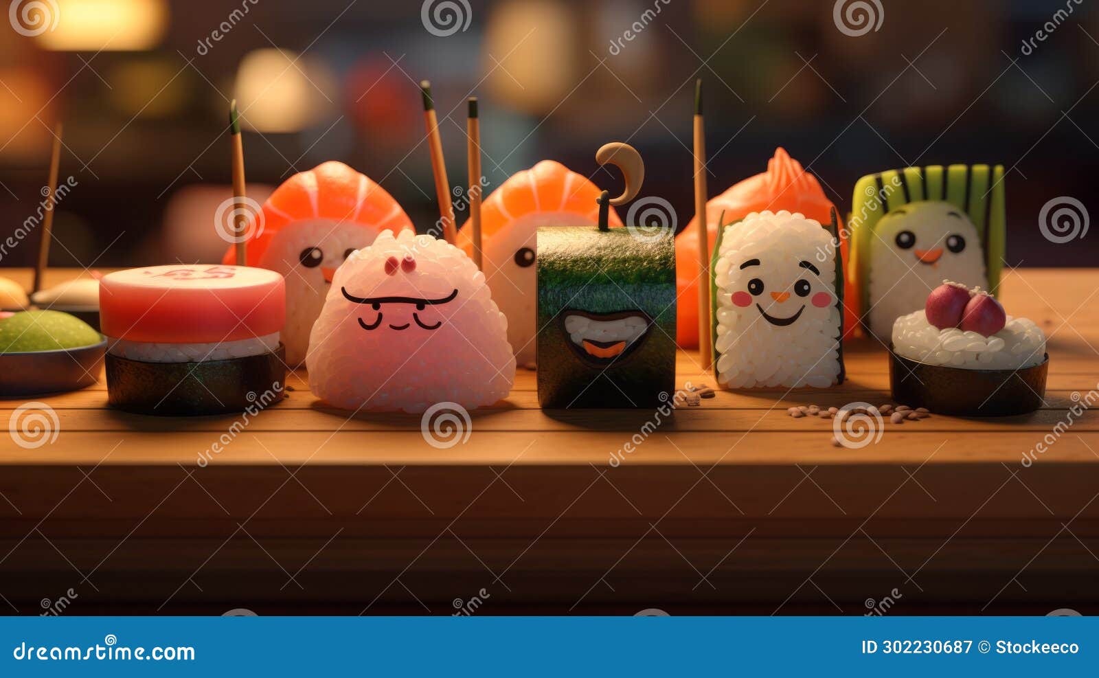 quirky pixar style sushi collection with luminous sfumato and charming realism