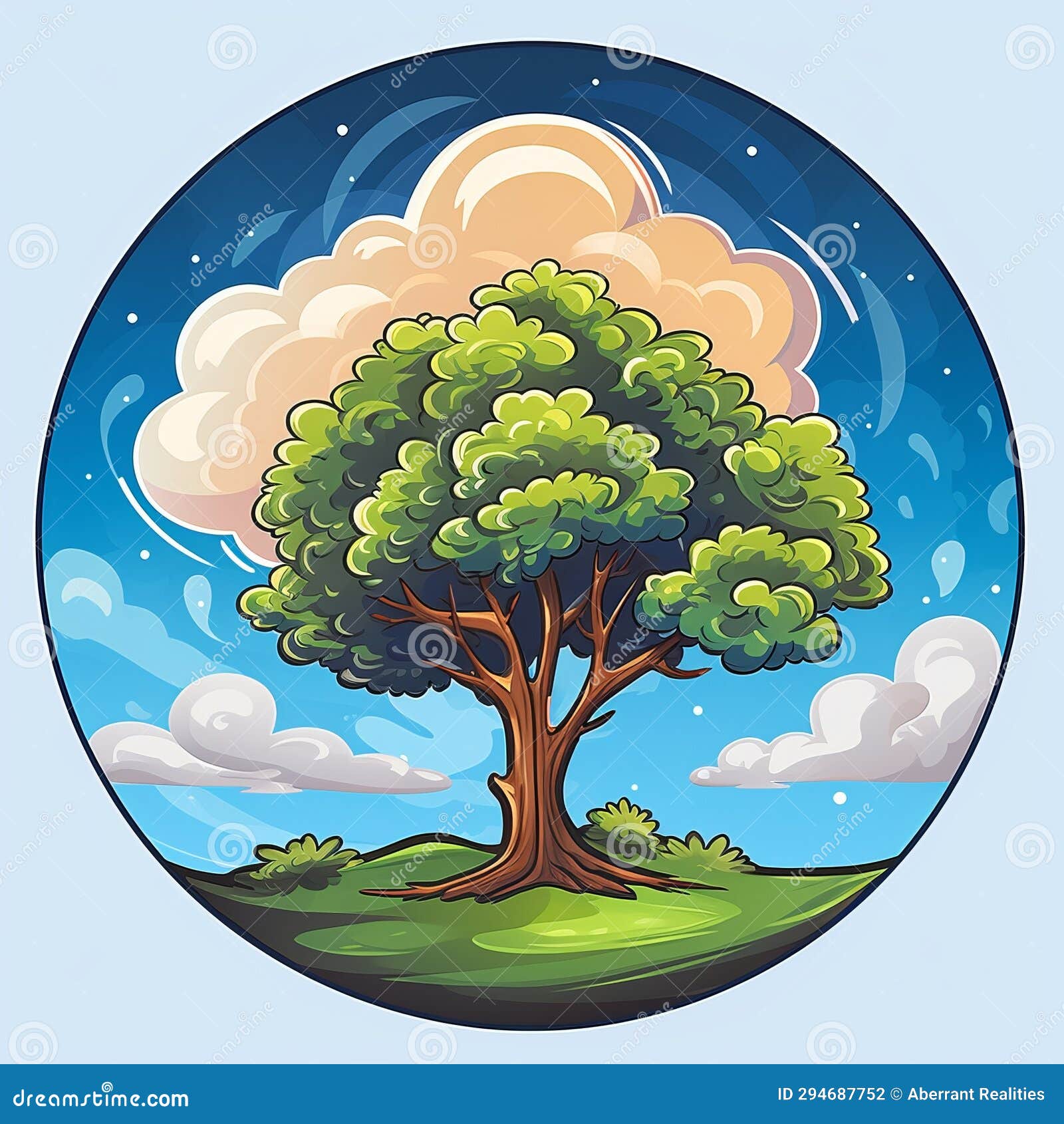 Cartoon Illustration of a Tree with Clouds in the Sky Stock