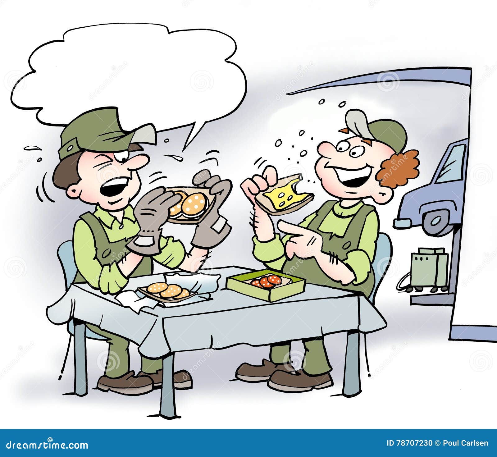 Cartoon Illustration of Two Mechanics There Eat Lunch Stock