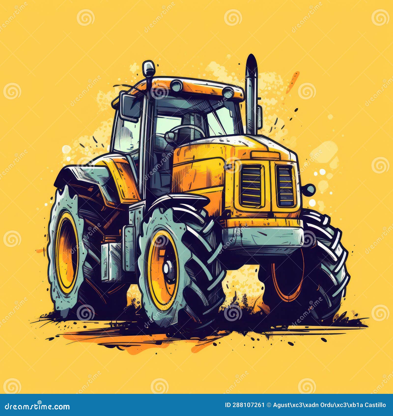 Cartoon Illustration of a Yellow Tractor. Stock Illustration
