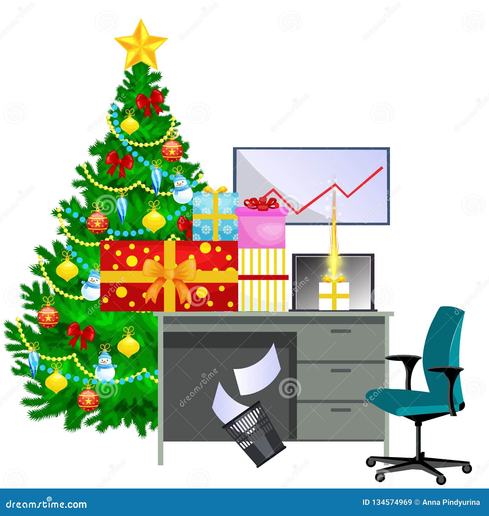 Cartoon Image Of Office Desk And Christmas Tree Stock Vector