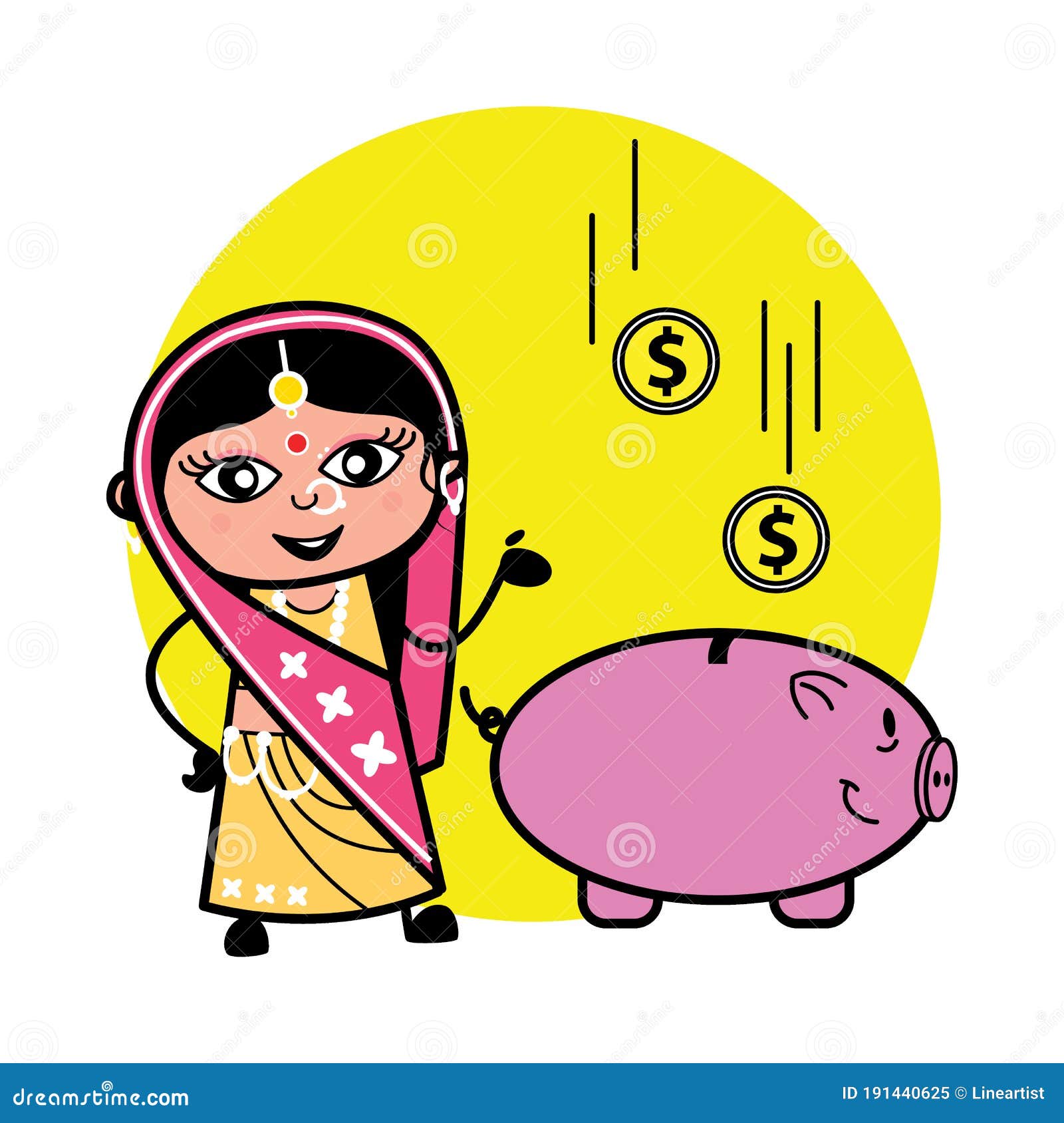 Cartoon Indian Woman Saving Money in Piggy Bank Stock Illustration -  Illustration of sari, piggy: 191440625