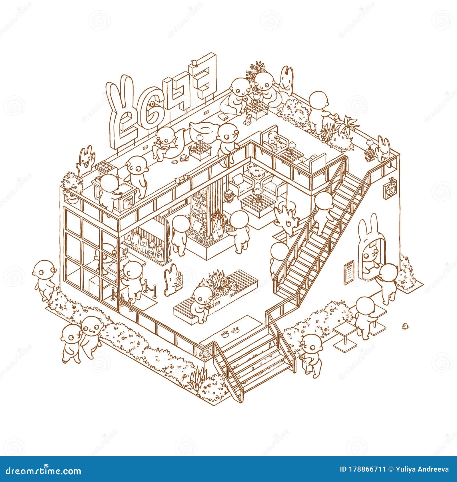 Download Cartoon Isometric Outline Cafe Interior. Hand Drawn Coloring Book Page Of 3d Restaurant Space ...