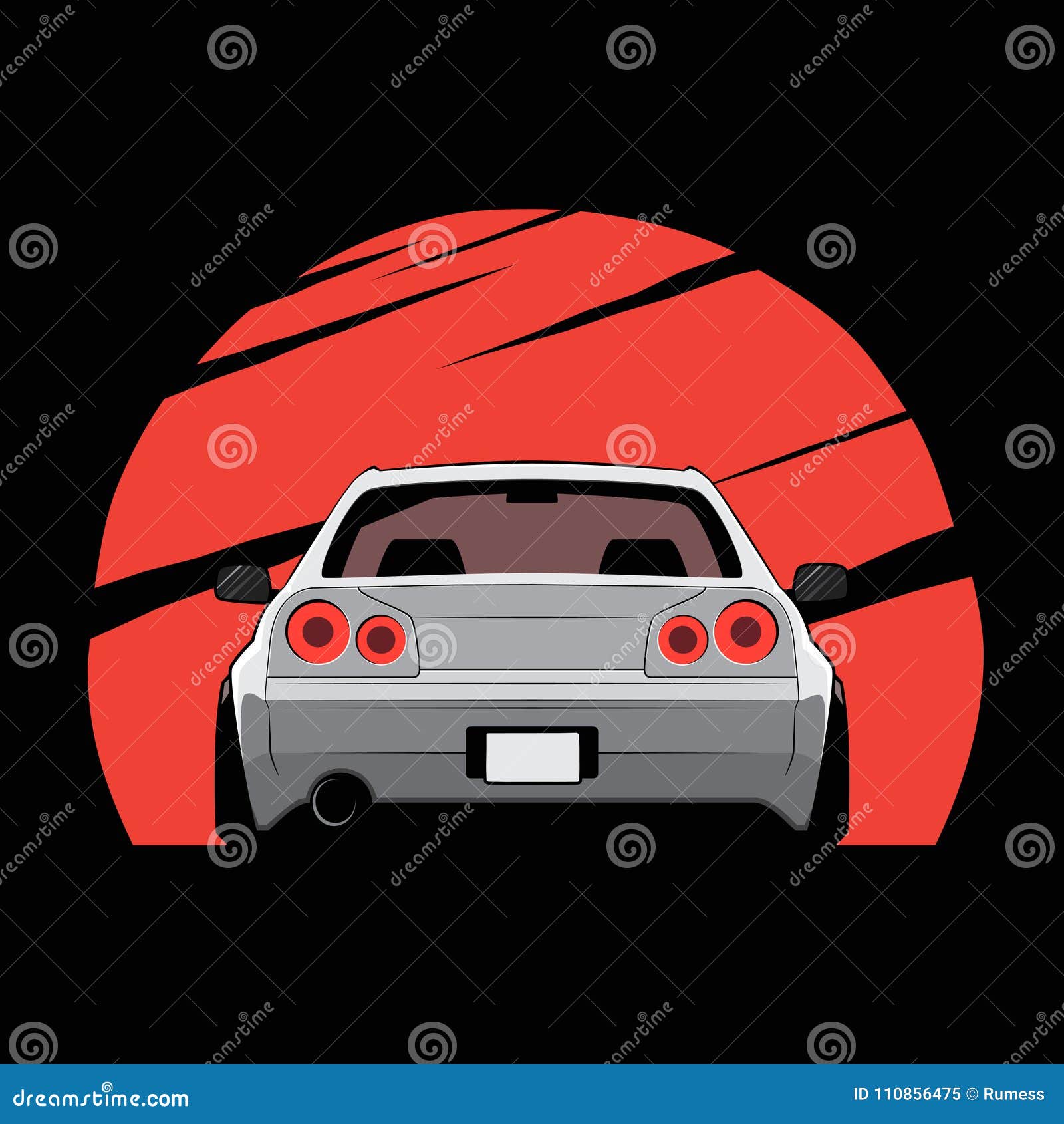 Cartoon Japan Tuned Car on Red Sun Background. Back View Stock Vector Illustration of skyline