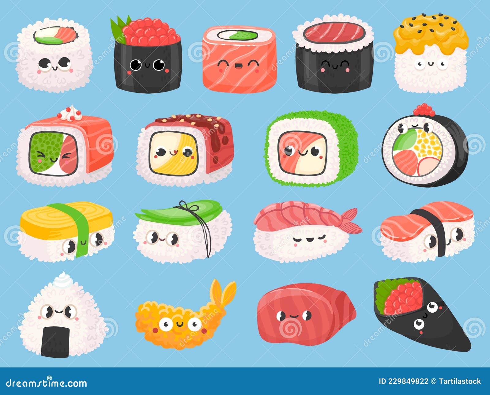 Cartoon Japanese Sushi, Rolls and Shrimp Tempura with Kawaii Faces ...