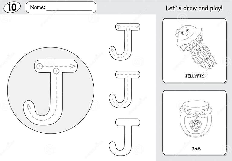 Cartoon Jellyfish and Jam. Alphabet Tracing Worksheet: Writing a Stock