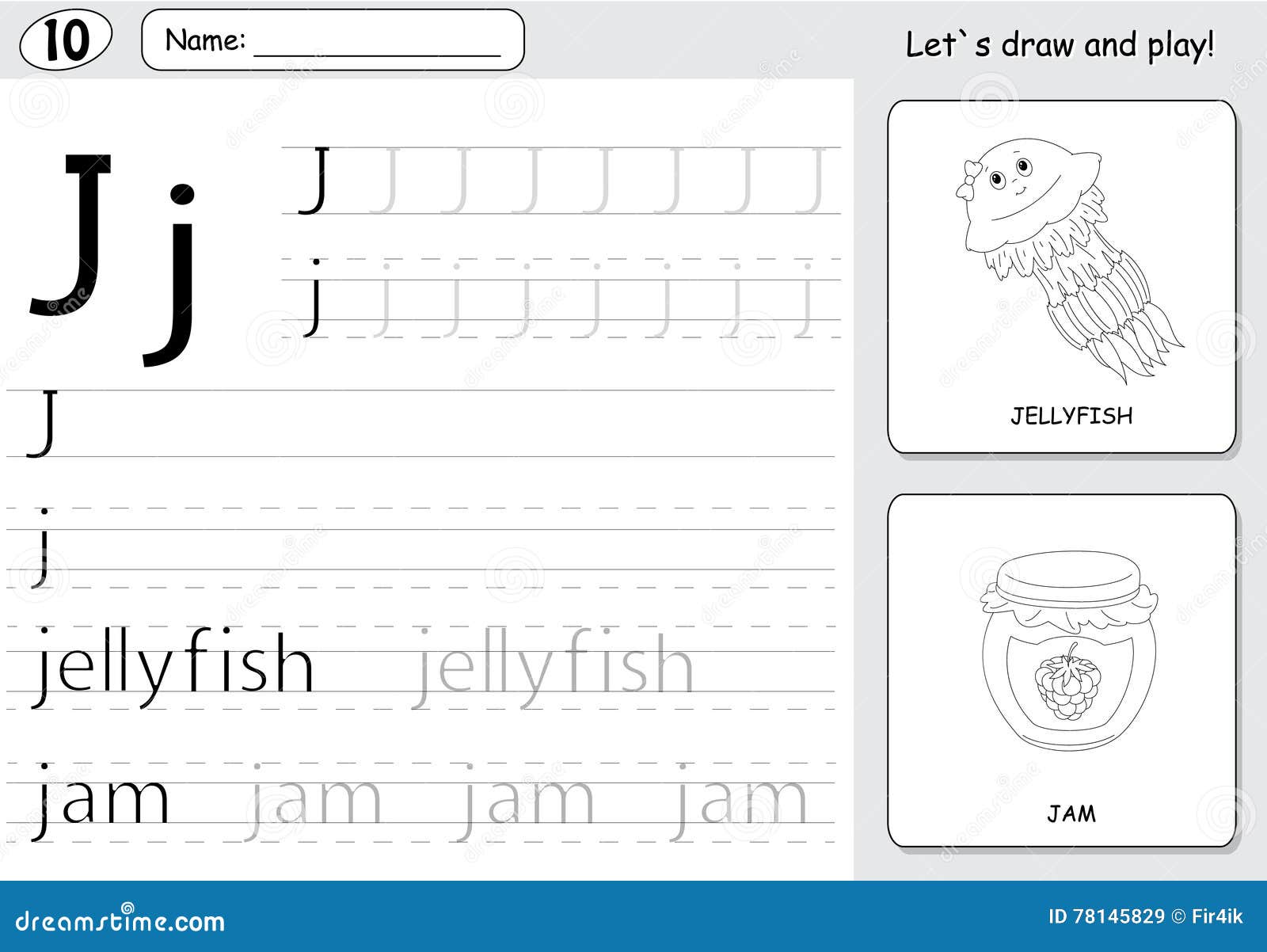Cartoon Jellyfish and Jam. Alphabet Tracing Worksheet: Writing a Stock