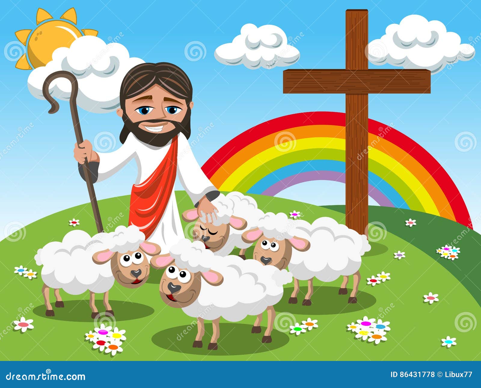 Cartoon Jesus Holding Stick Stroking Sheep Meadow Stock Vector -  Illustration of glory, bible: 86431778