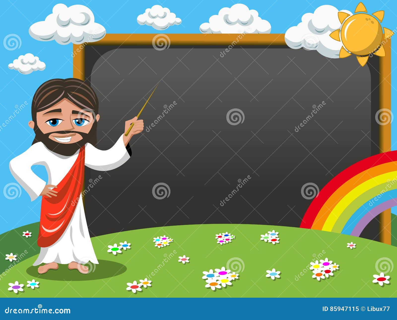 cartoon jesus teaching stick blank blackboard chalkboard meadow