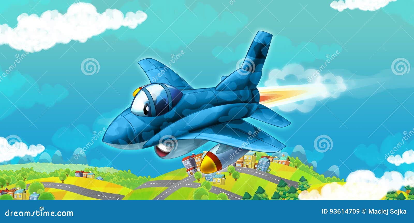 Cartoon Jet Fighter Flying Over Some City Stock Illustration - Illustration  of fairy, high: 93614709