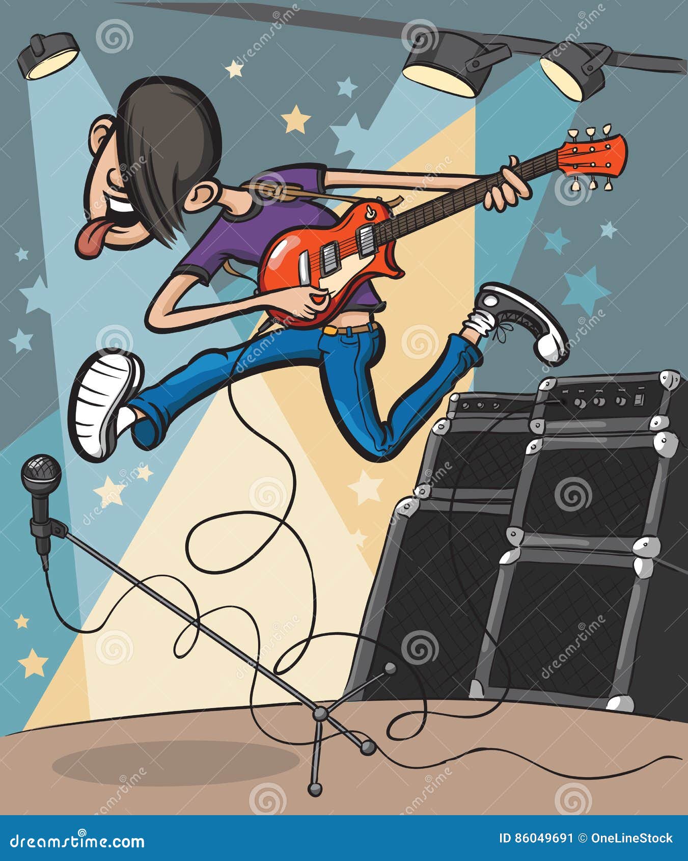 Cartoon Jumping Guitarist on Stage Stock Vector Illustration of