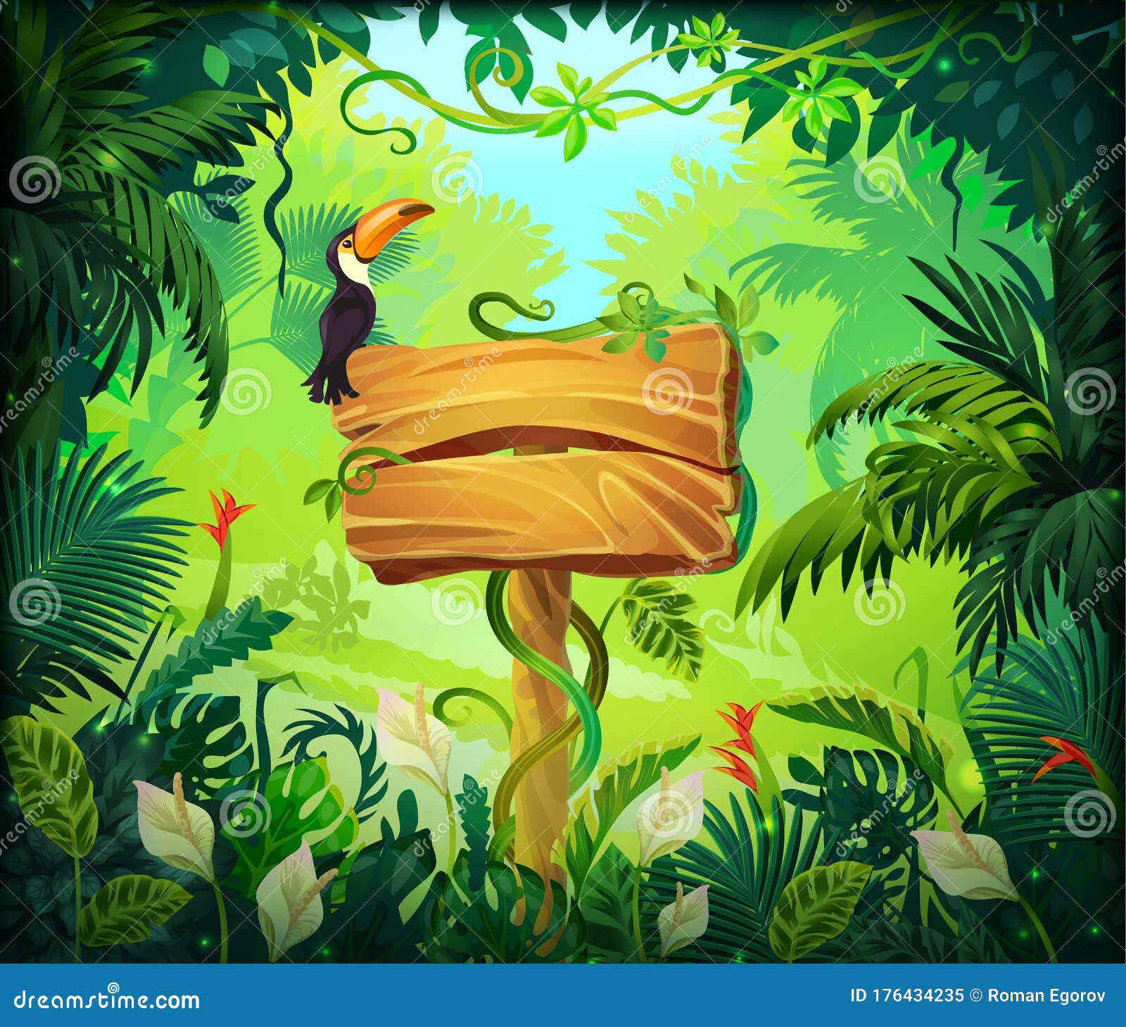 Cartoon Jungle Background. Tropical Forest Nature Frame, Game Screen with  Wooden Panel and Green Exotic Leaves Stock Vector - Illustration of  environment, design: 176434235
