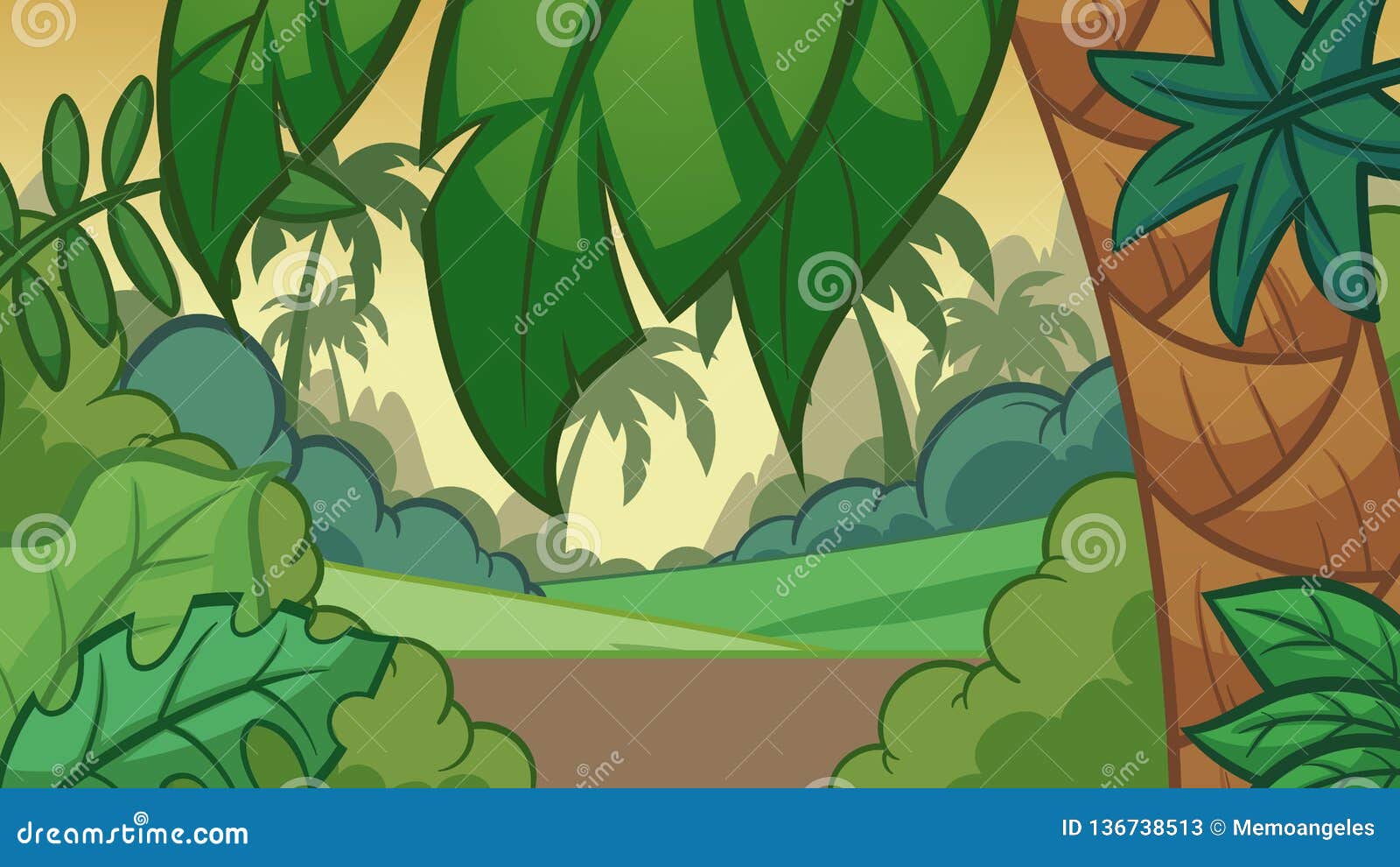 cartoon jungle background with a big palm tree