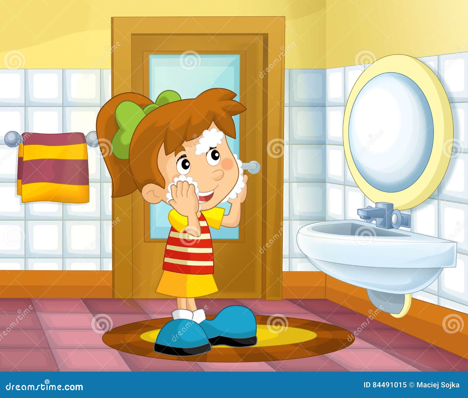 Cartoon Kid in the Bathroom - Girl Stock Illustration - Illustration of ...