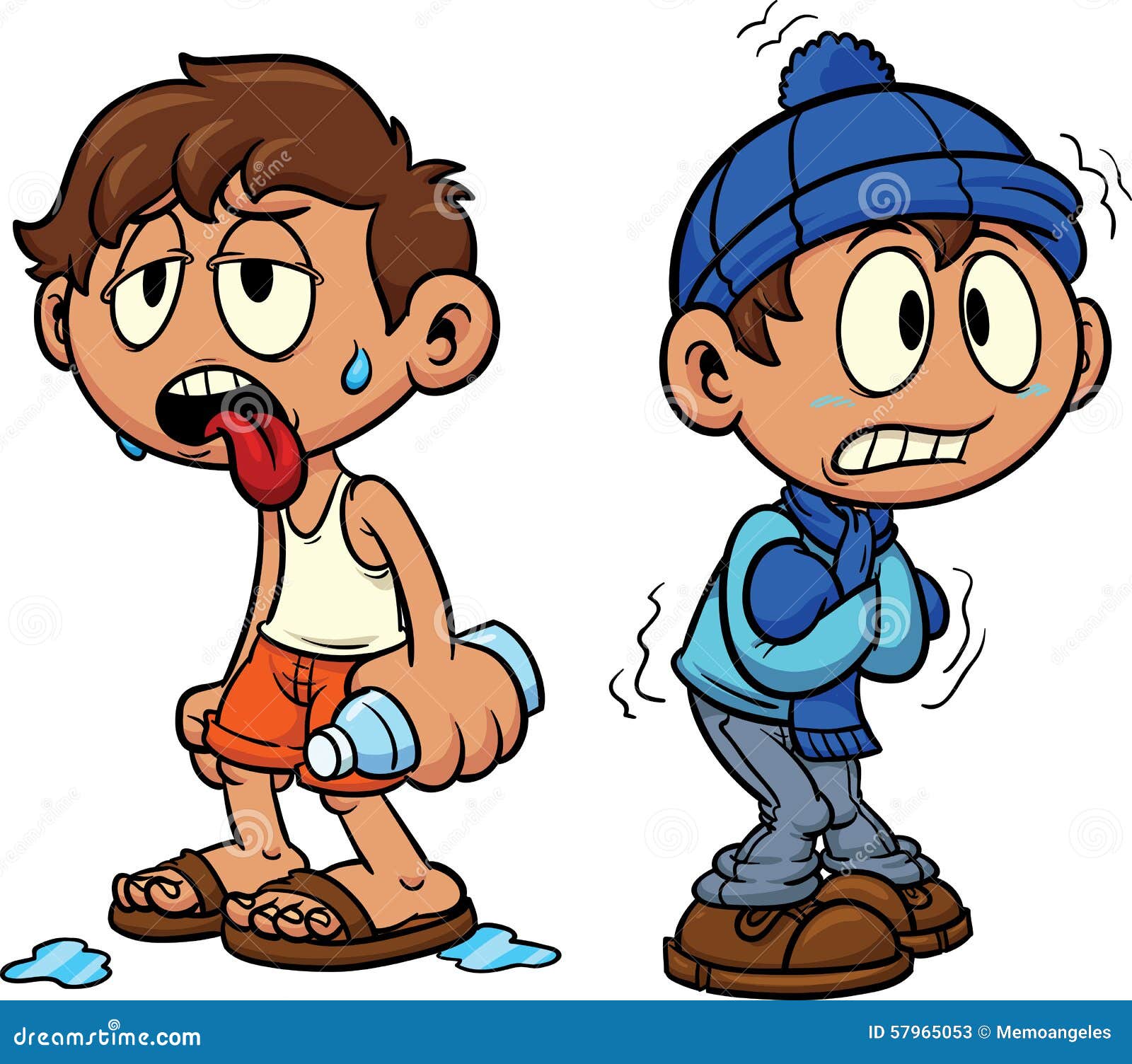 cartoon kid in hot and cold weather