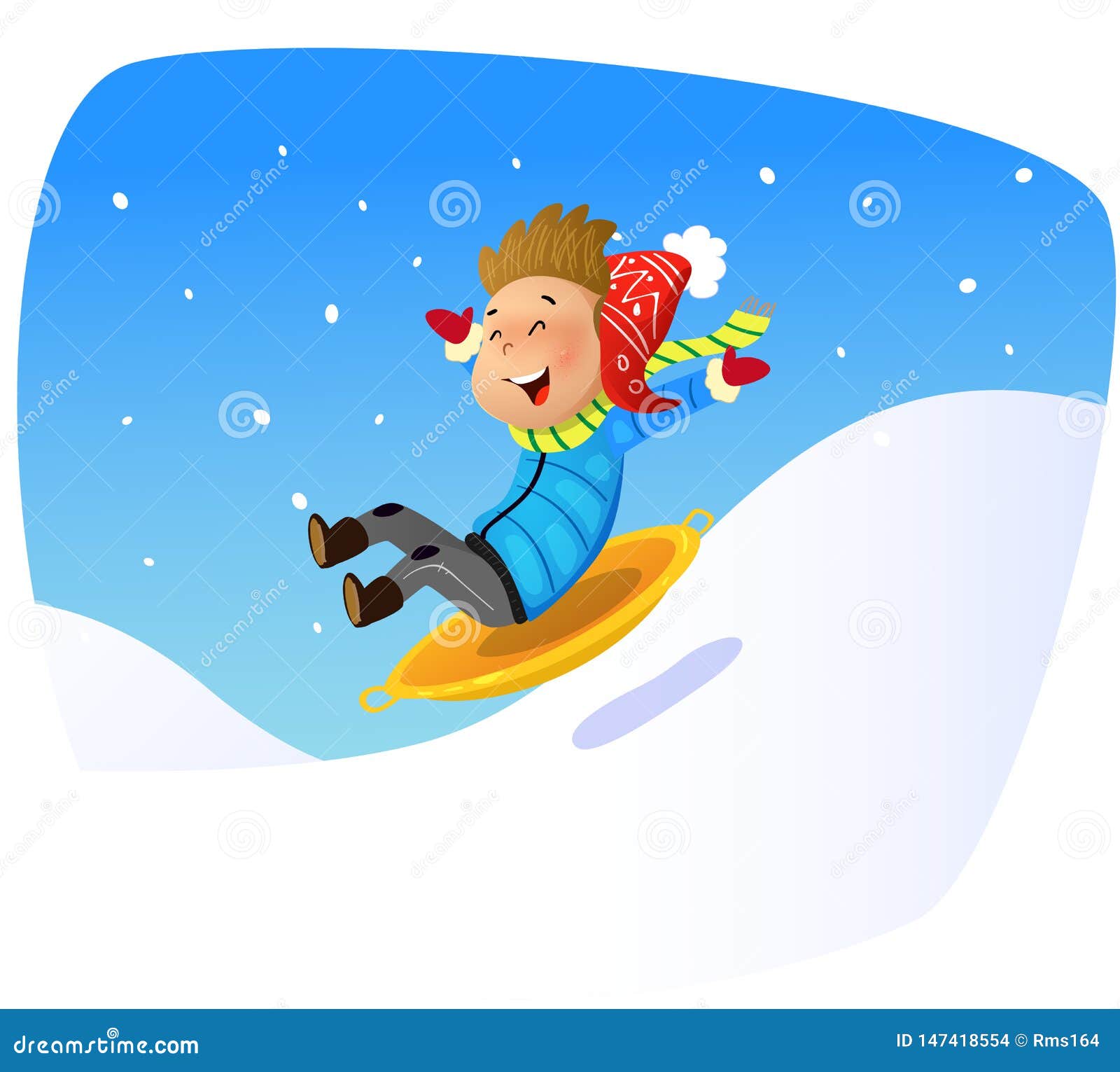 Cartoon Kid Rolling Down The Mountain Slope On Sled Vector Illustration ...