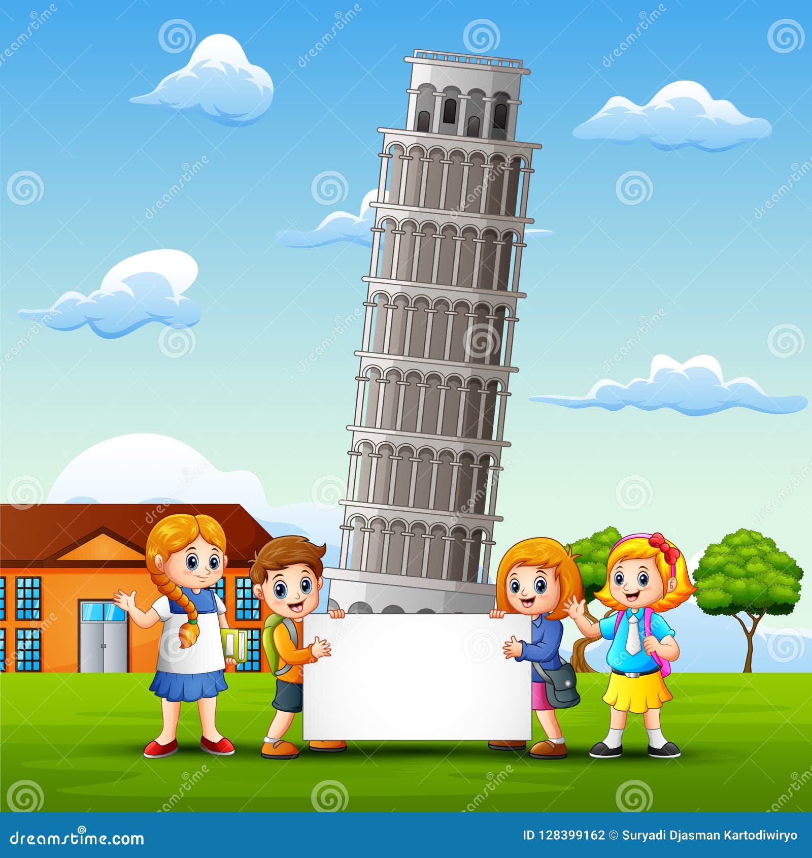 Cartoon Kids Bring a Whiteboard in Front of Pisa Tower Background Stock ...
