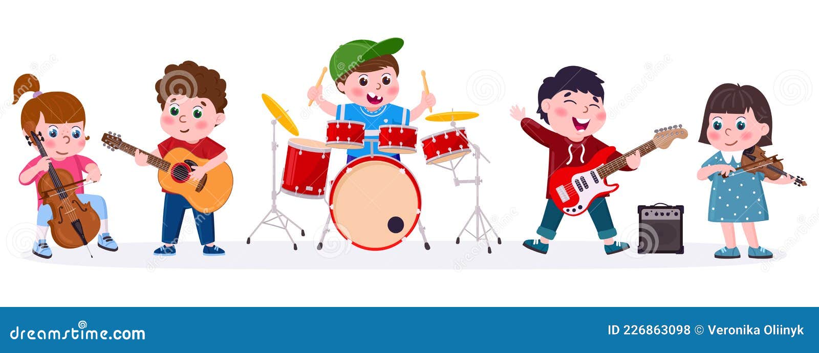 Cartoon Kids Music Band Playing Musical Instruments. Children Singing, Play  Guitar, Drums and Violin Vector Illustration Stock Vector - Illustration of  young, singer: 226863098