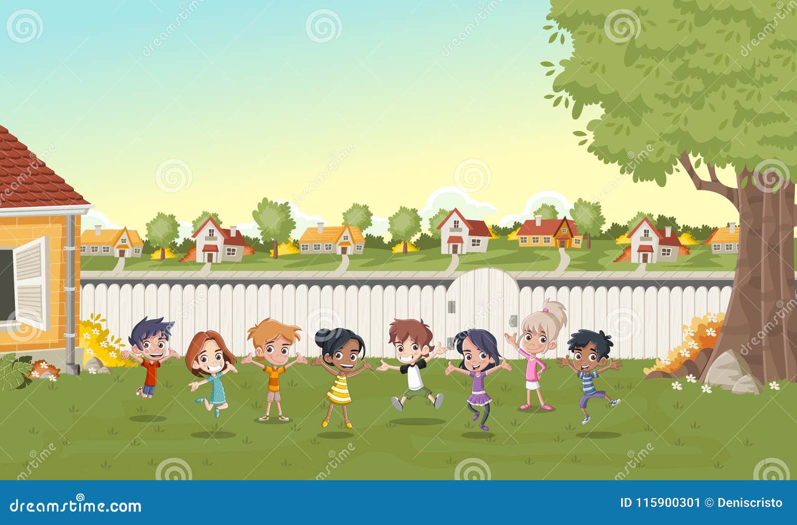 cartoon kids playing in suburb neighborhood.