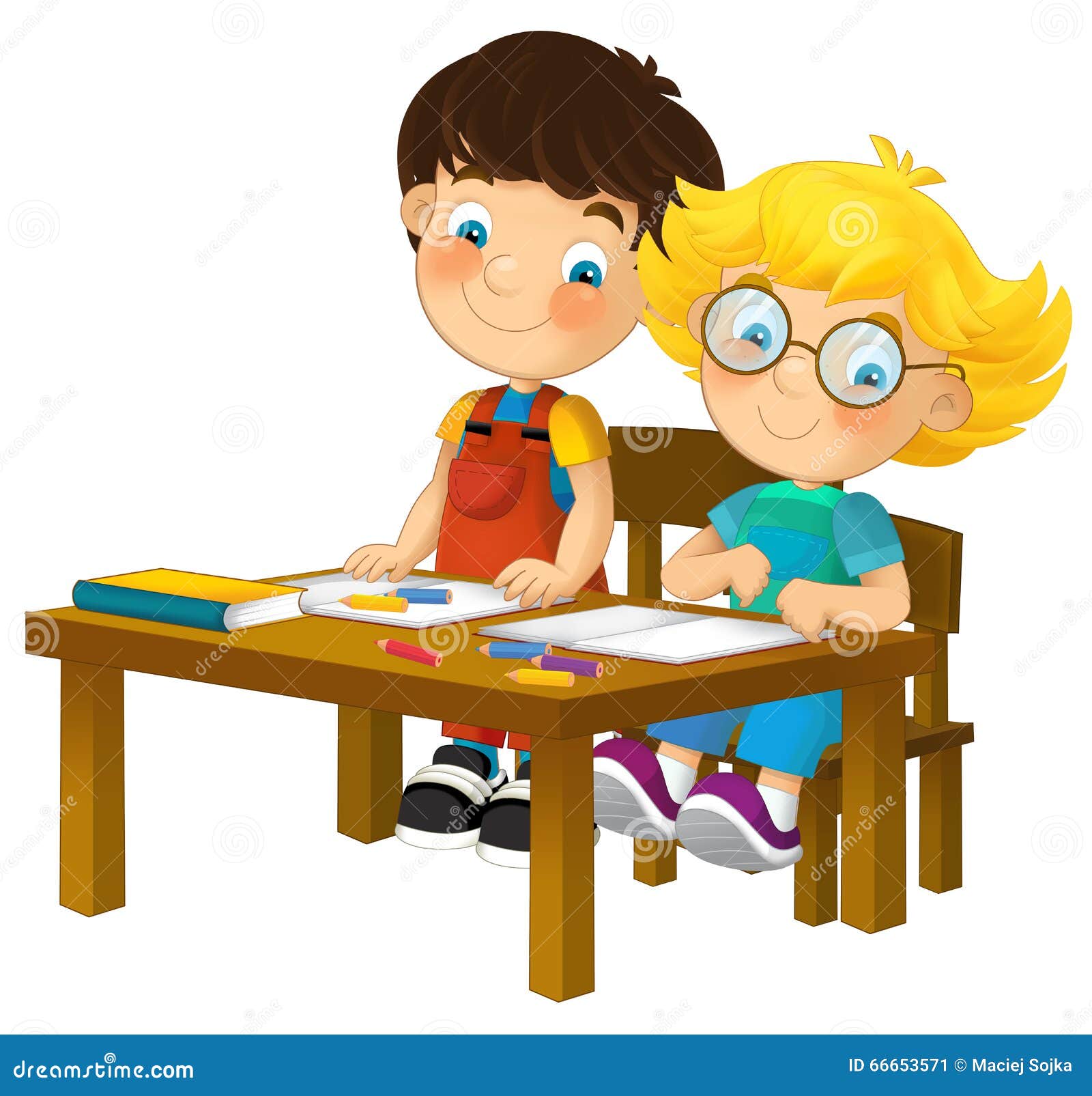 Cartoon Kids In School Desk - Isolated Stock Illustration