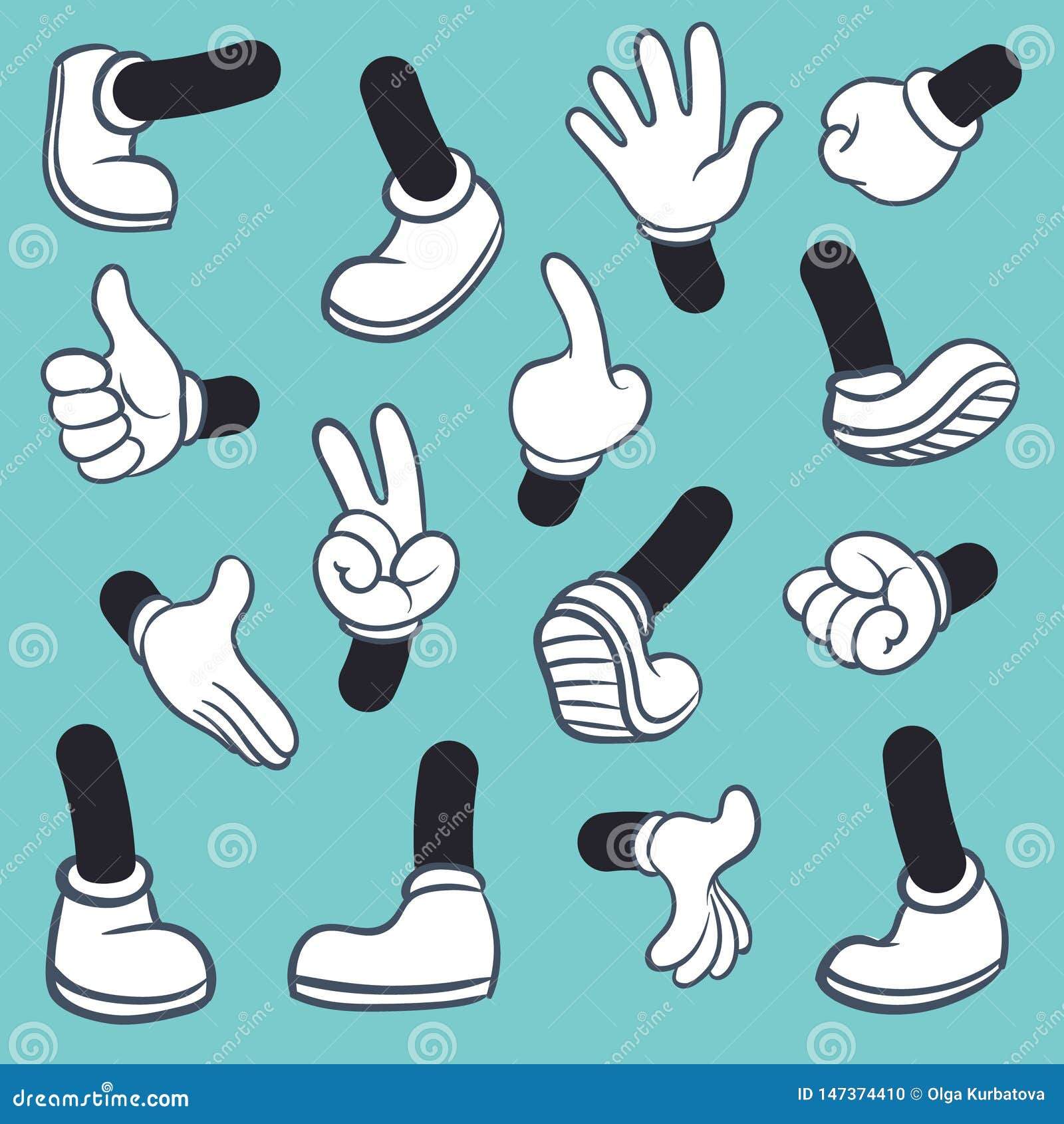 cartoon legs hands. leg in boots and gloved hand, gestures parts body comic feet in shoes different poses. 