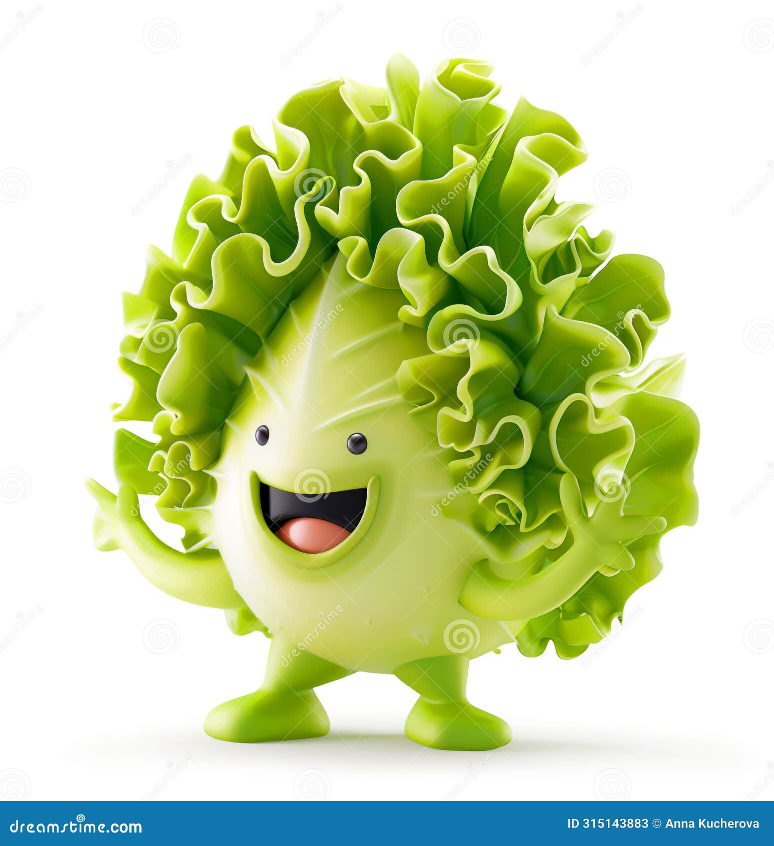 cartoon lettuce character with a big grin and wavy leaves