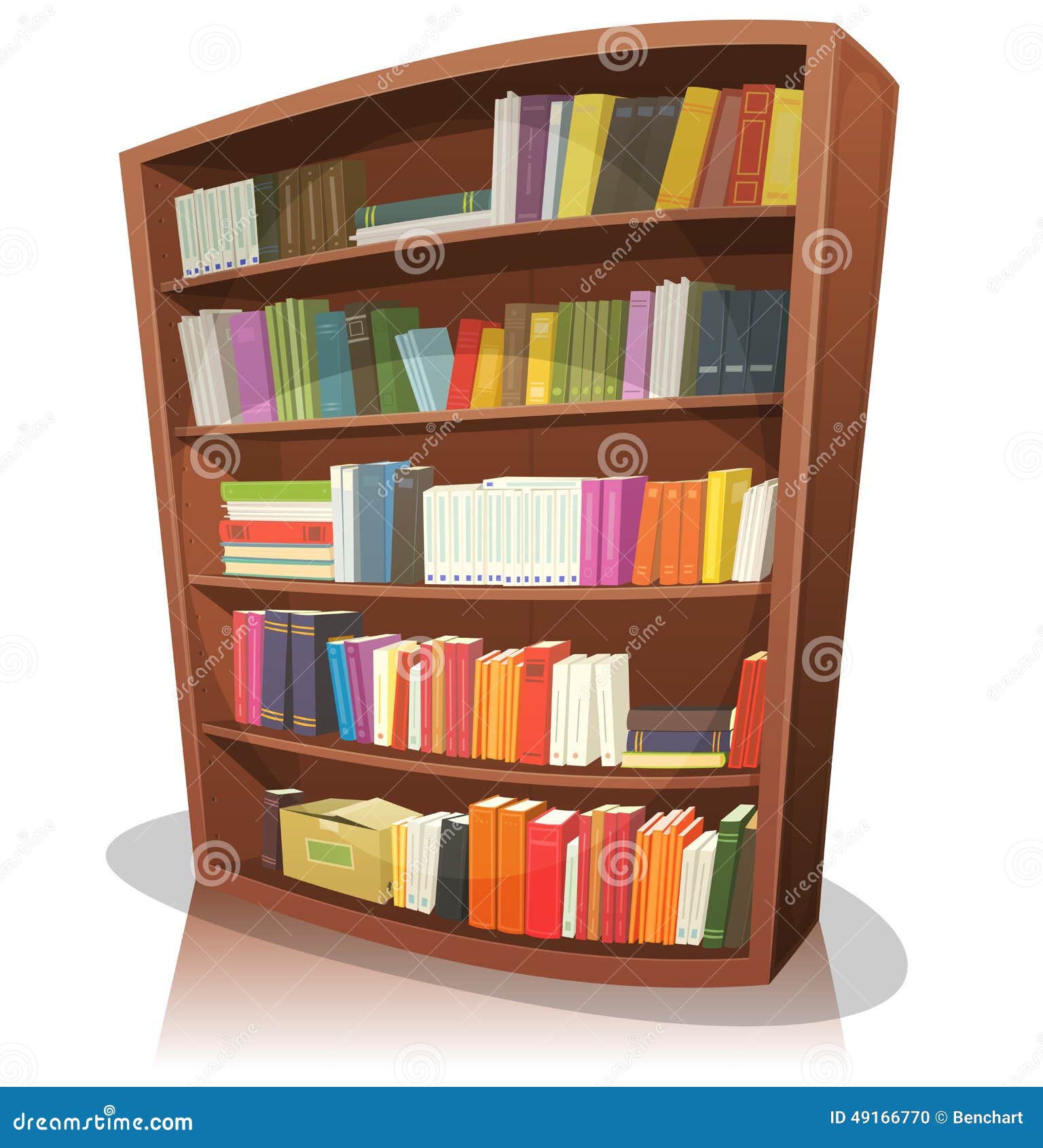  cartoon home, school or library store wooden bookshelf, full of books