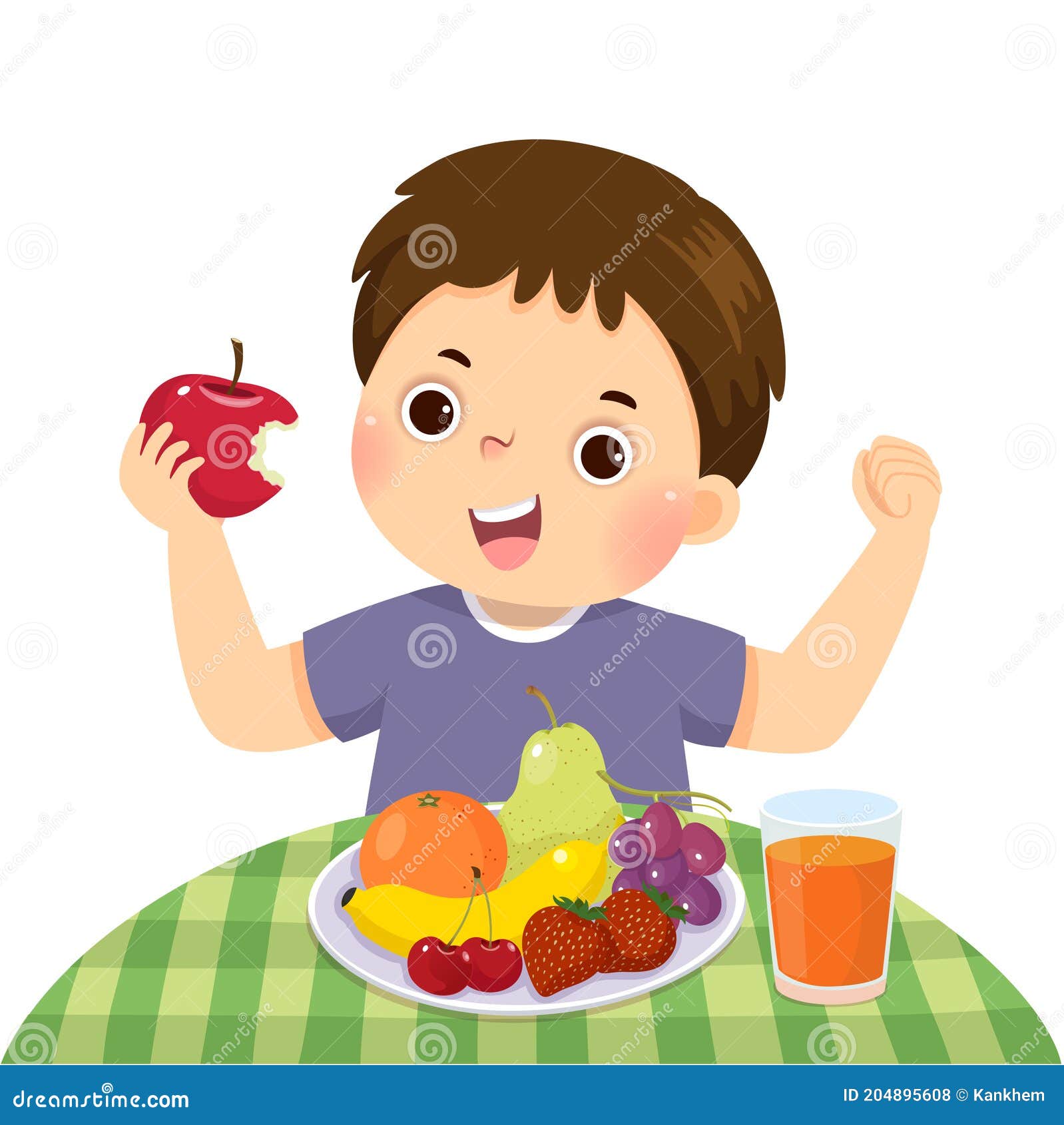 Cartoon of a Little Boy Eating Red Apple and Showing His Strength Stock