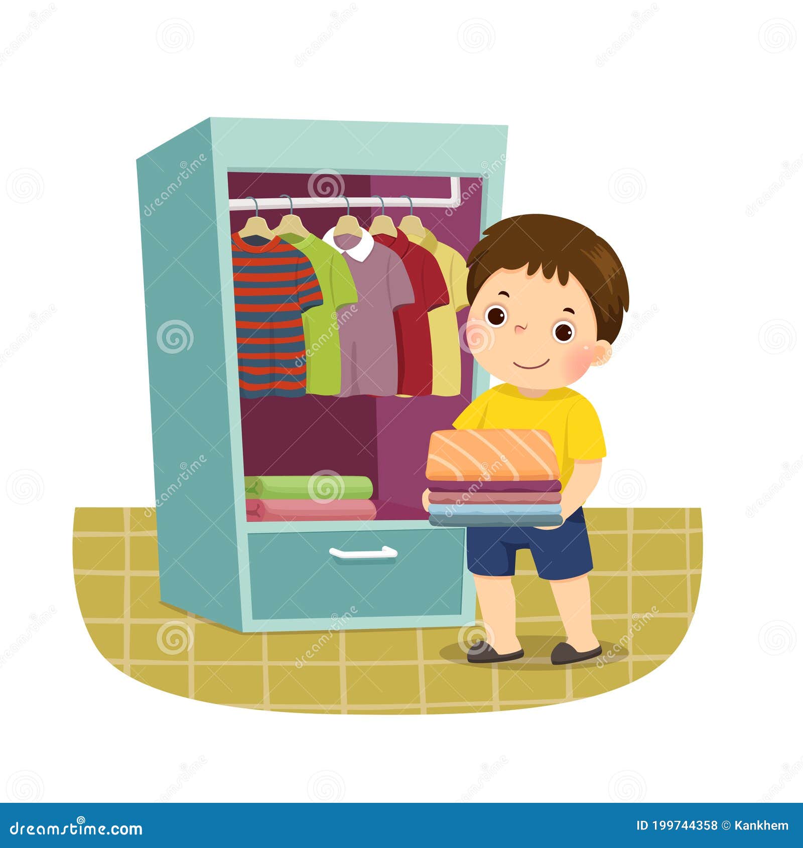 Cartoon of a Little Boy Putting Stack of Folded Clothes in Closet. Kids  Doing Housework Chores at Home Concept Stock Vector - Illustration of  household, clip: 199744358