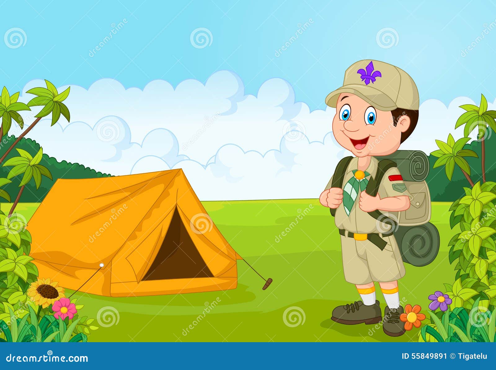 cartoon little boy scout with tent