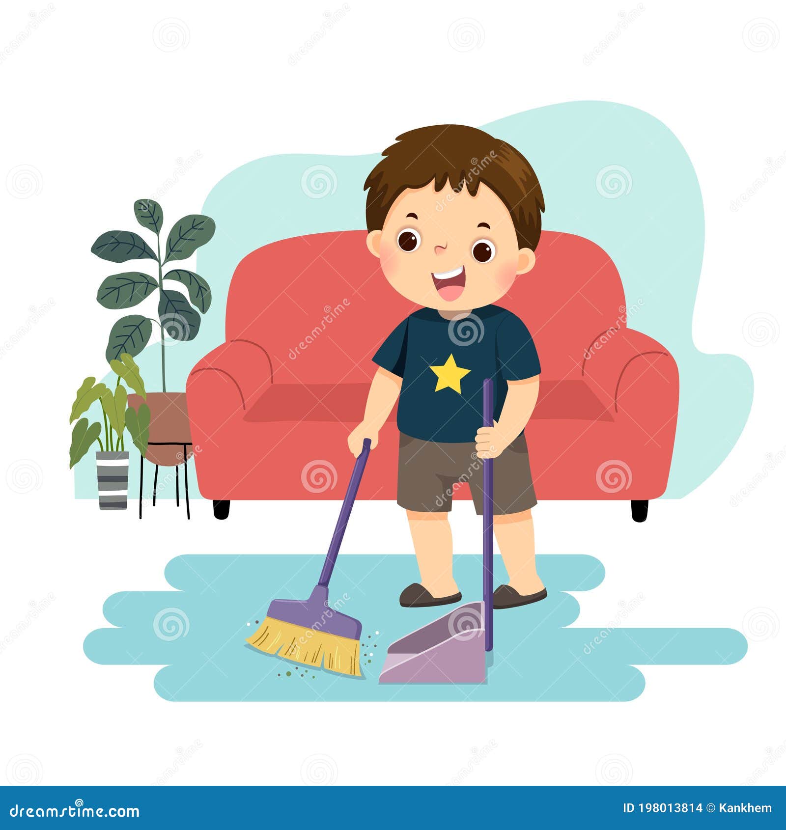 cartoon of a little boy sweeping the floor. kids doing housework chores at home concept